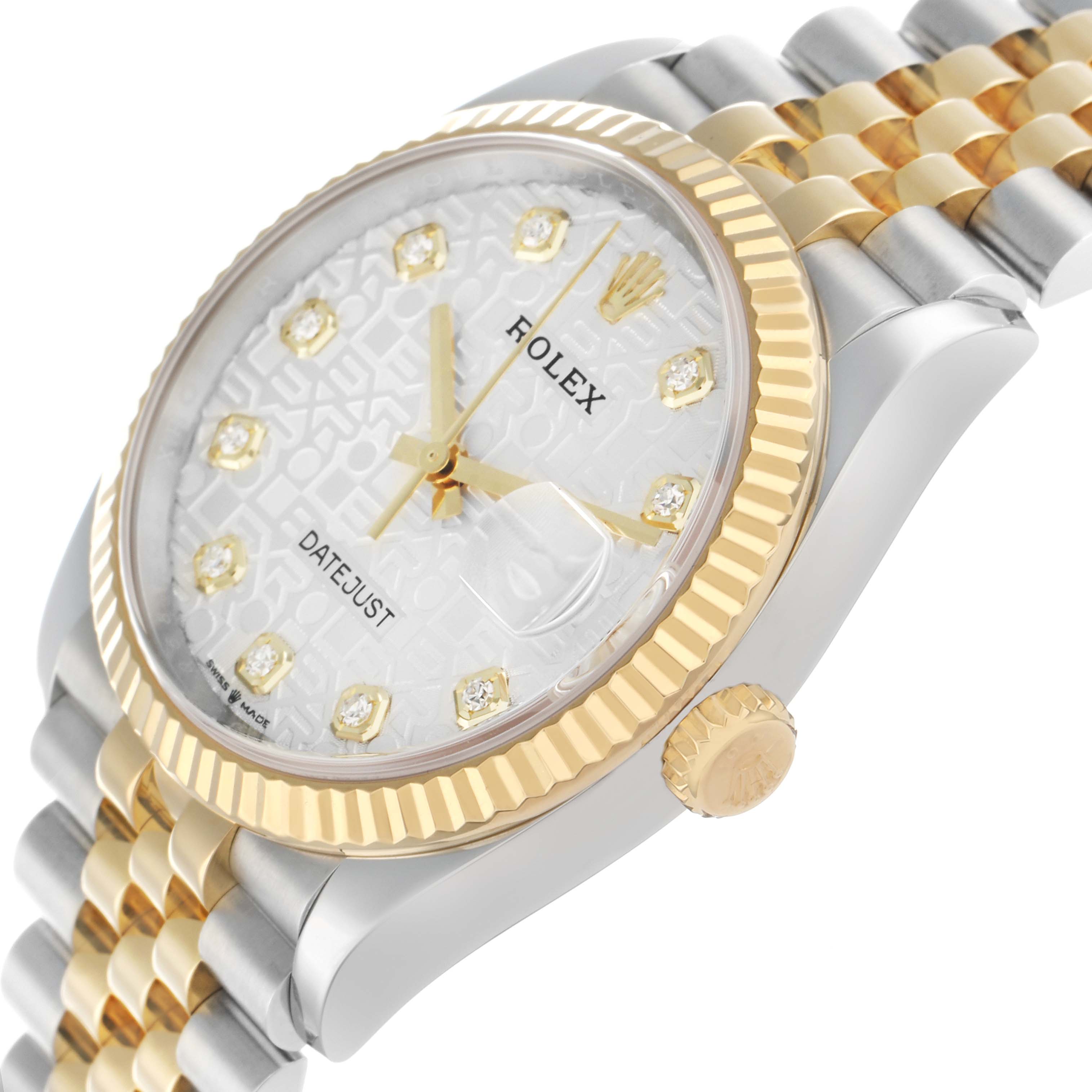 The image shows a Rolex Datejust 126233 Men's Steel and Gold (two tone) Silver Dial watch at an angled close-up, highlighting its two-tone bracelet, fluted bezel, and diamond markers.