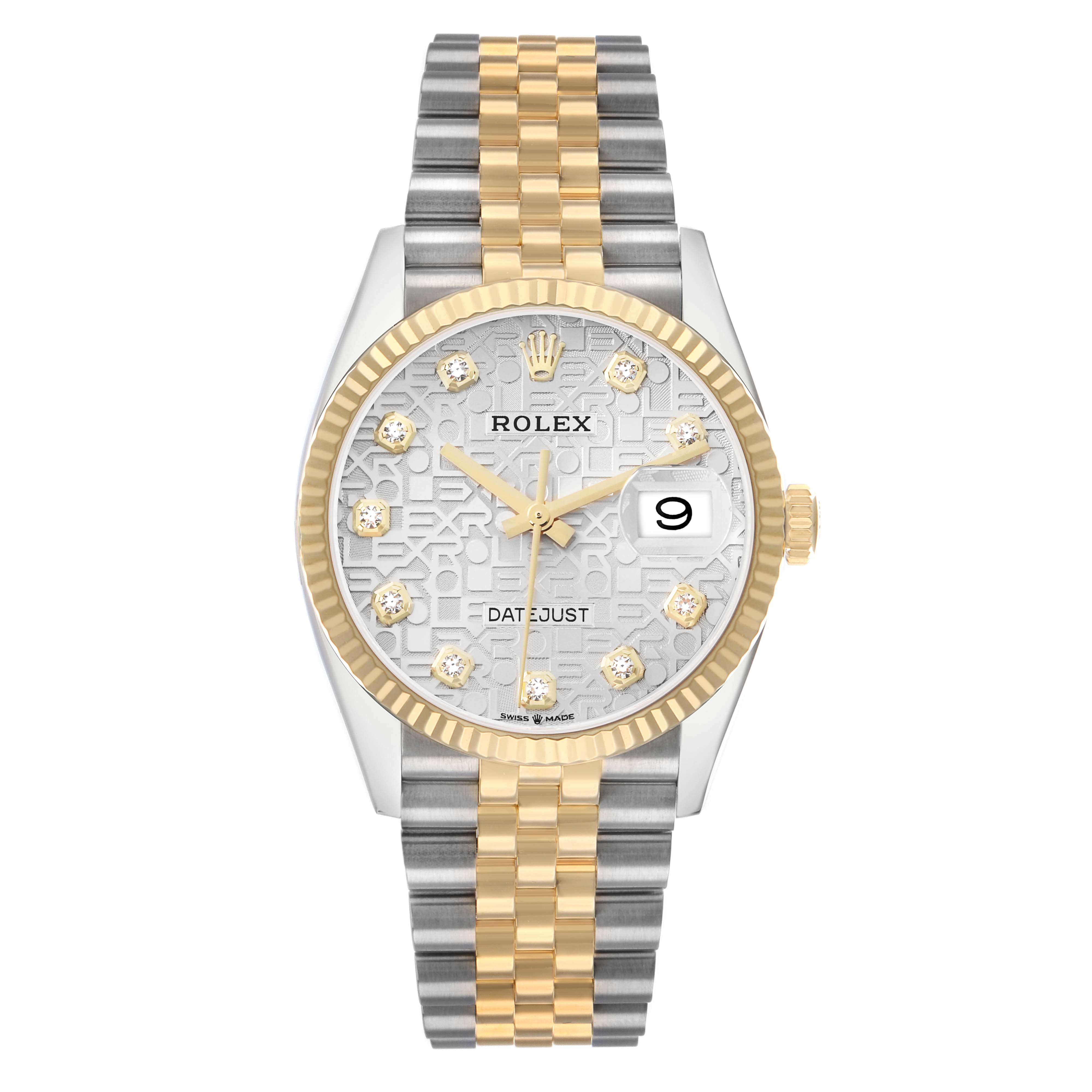 The Rolex Datejust 126233 Men's Steel and Gold (two tone) Silver Dial watch is shown from a front angle, highlighting the dial, bezel, and two-tone bracelet.