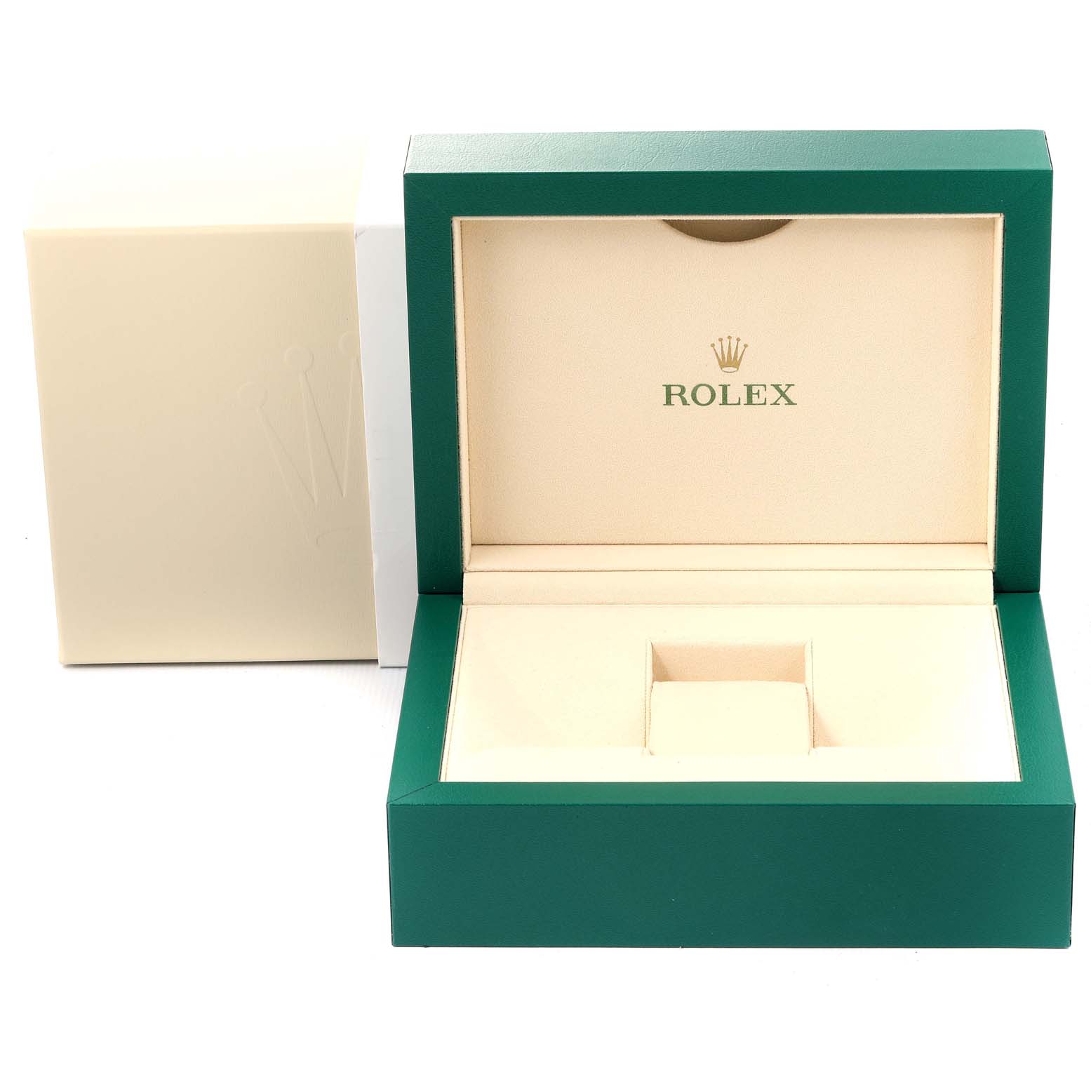 The image shows an open, empty watch box for the Rolex President 116238 Men
s Yellow Gold Champagne Dial 116238 Men
s Yellow Gold Champagne Dial model from a front angle.