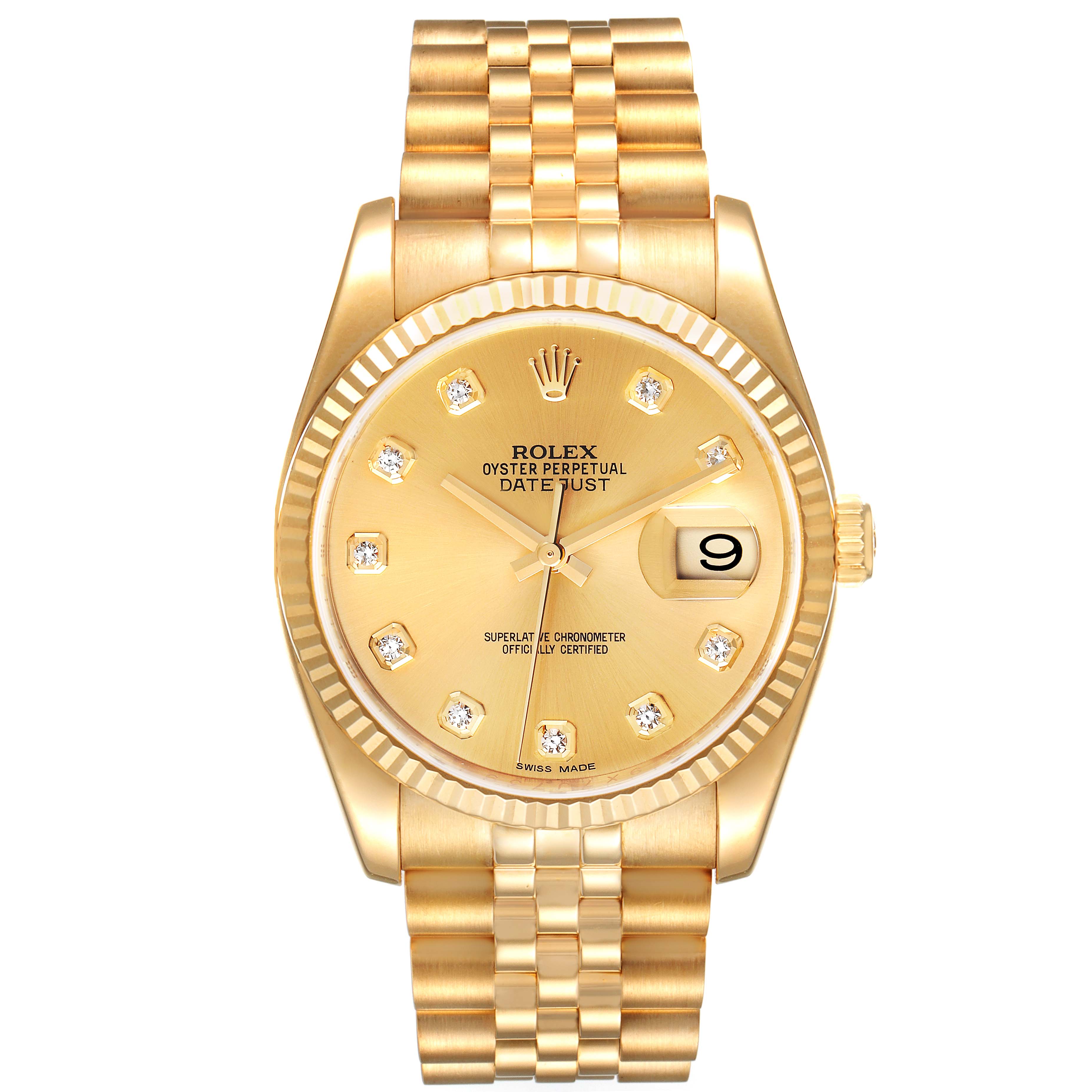 This image shows the front view of a Rolex President 116238 Men
s Yellow Gold Champagne Dial 116238 Men
s Yellow Gold Champagne Dial model watch, showcasing the dial, bezel, and bracelet.