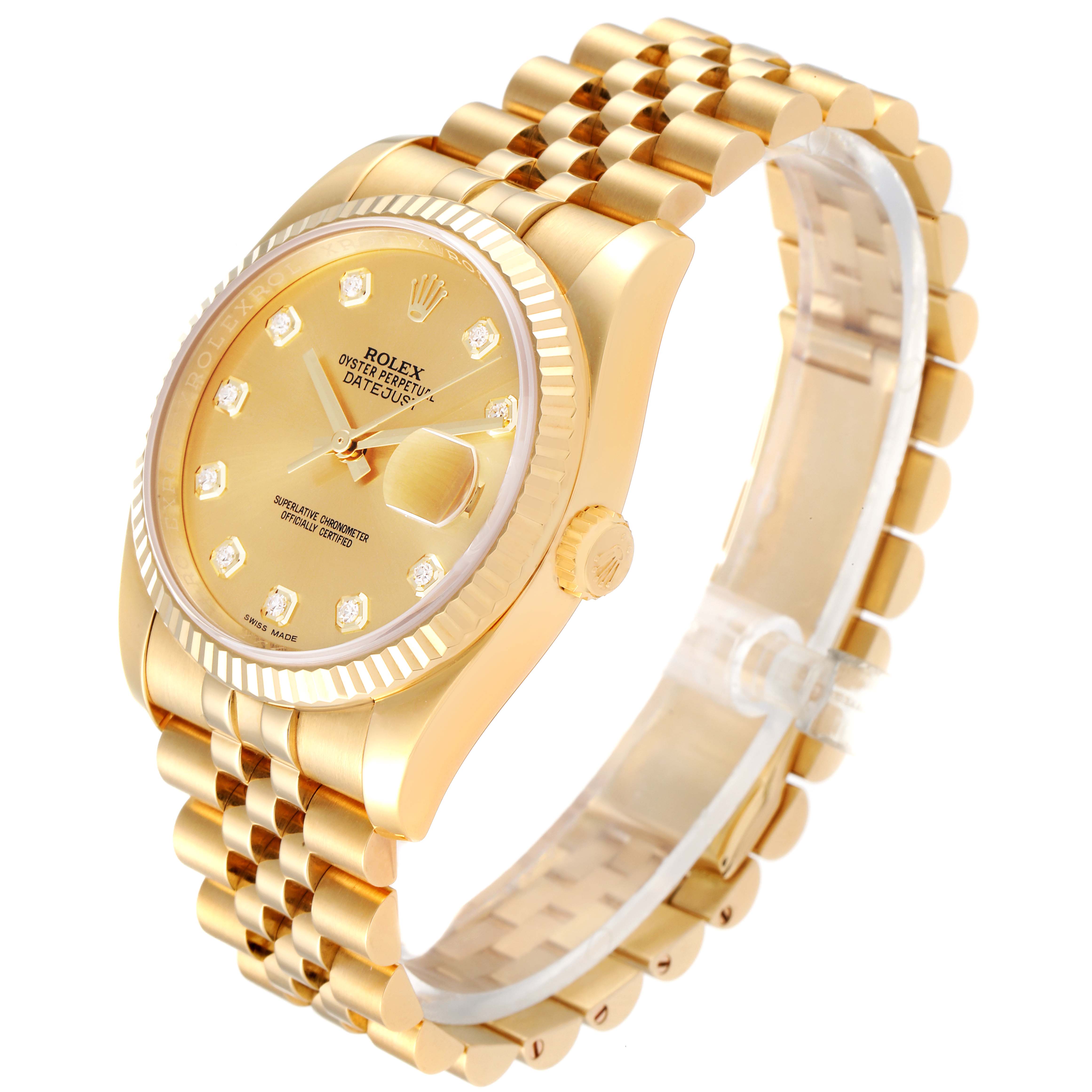 The image shows a Rolex President 116238 Men
s Yellow Gold Champagne Dial 116238 Men
s Yellow Gold Champagne Dial model watch at a three-quarter angle, highlighting its gold case, bracelet, and diamond hour markers.