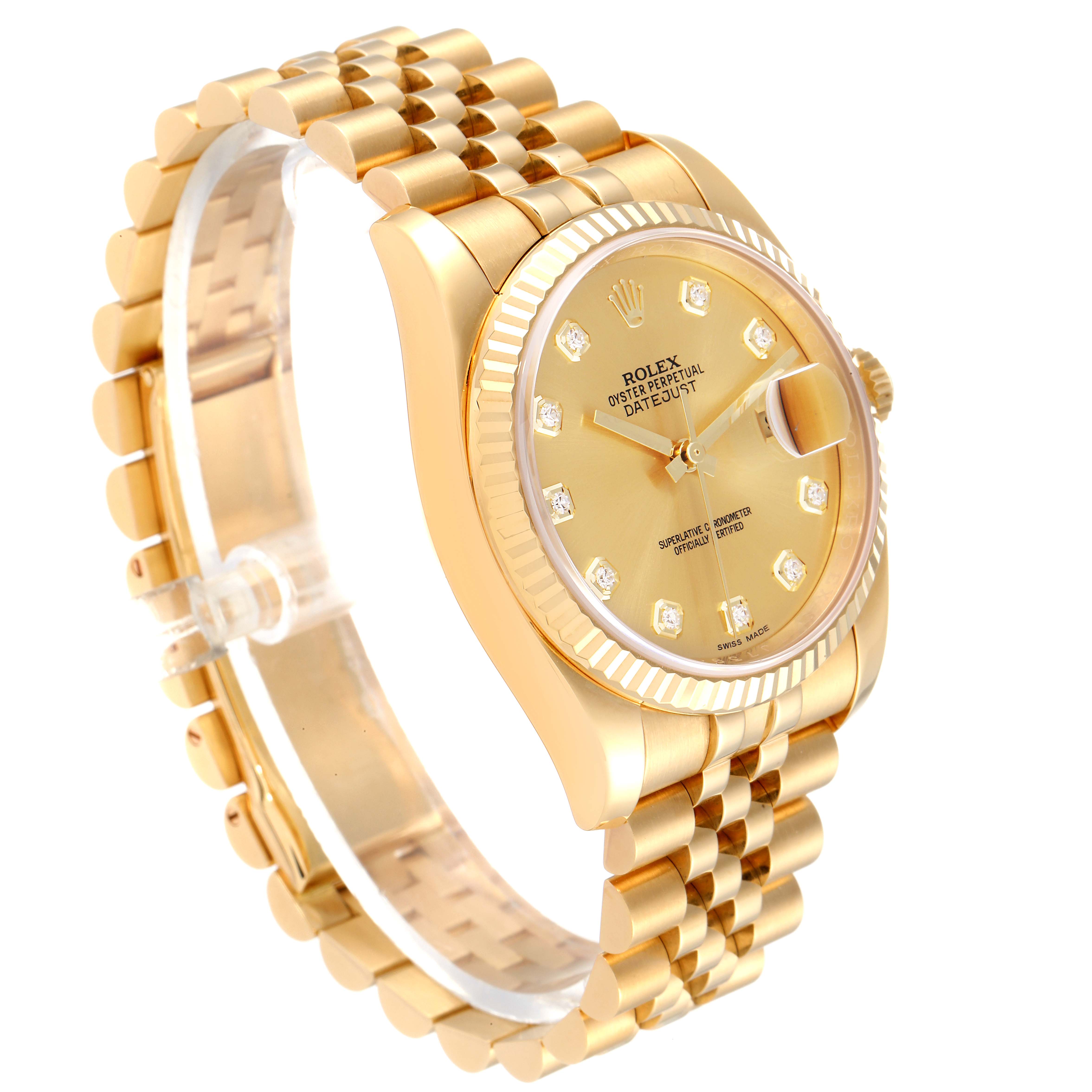 The image shows a side and front angle of the Rolex President 116238 Men
s Yellow Gold Champagne Dial 116238 Men
s Yellow Gold Champagne Dial model watch, highlighting its gold case, fluted bezel, and bracelet.