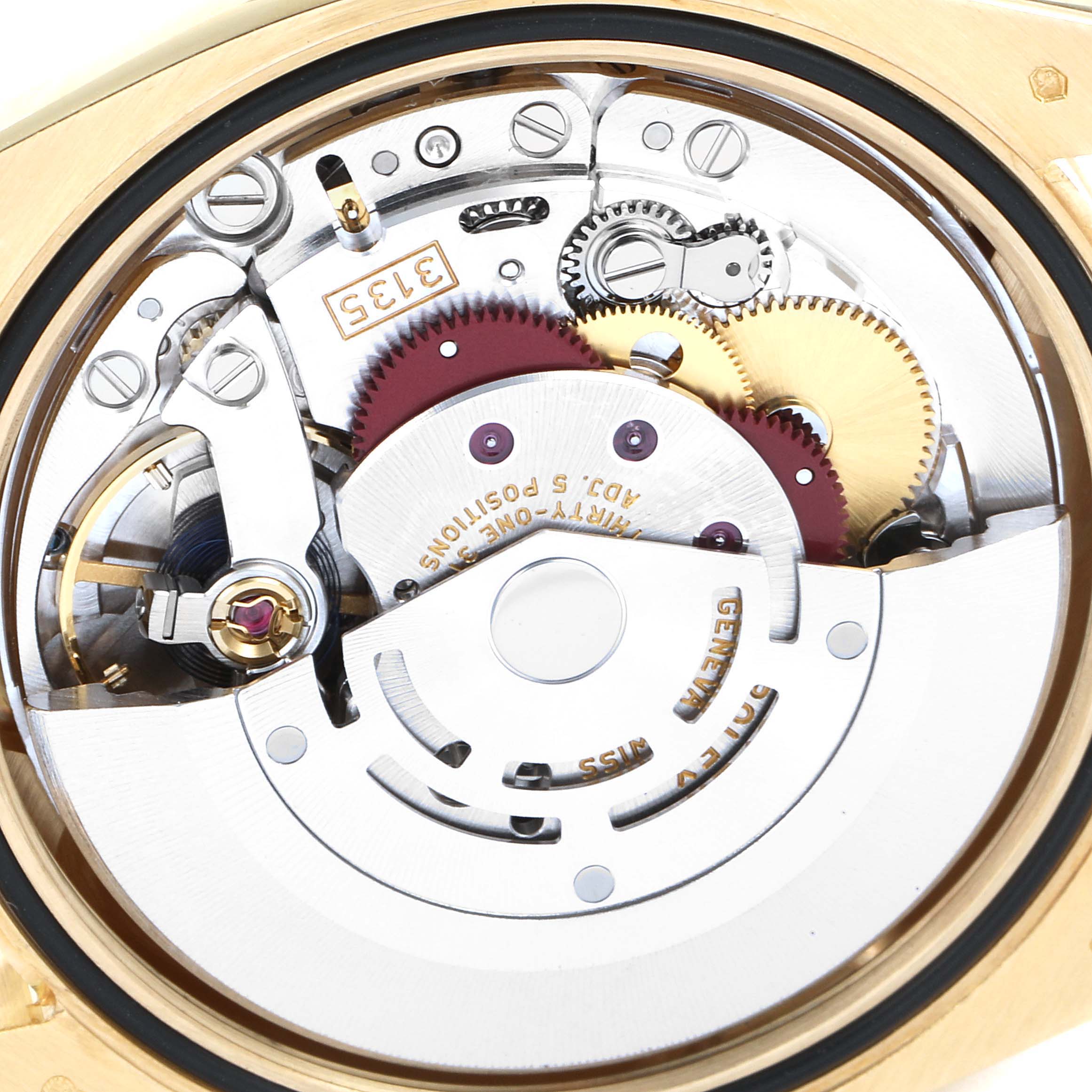 This image shows the movement mechanism of a Rolex President 116238 Men
s Yellow Gold Champagne Dial 116238 Men
s Yellow Gold Champagne Dial model watch from a close-up, back angle.