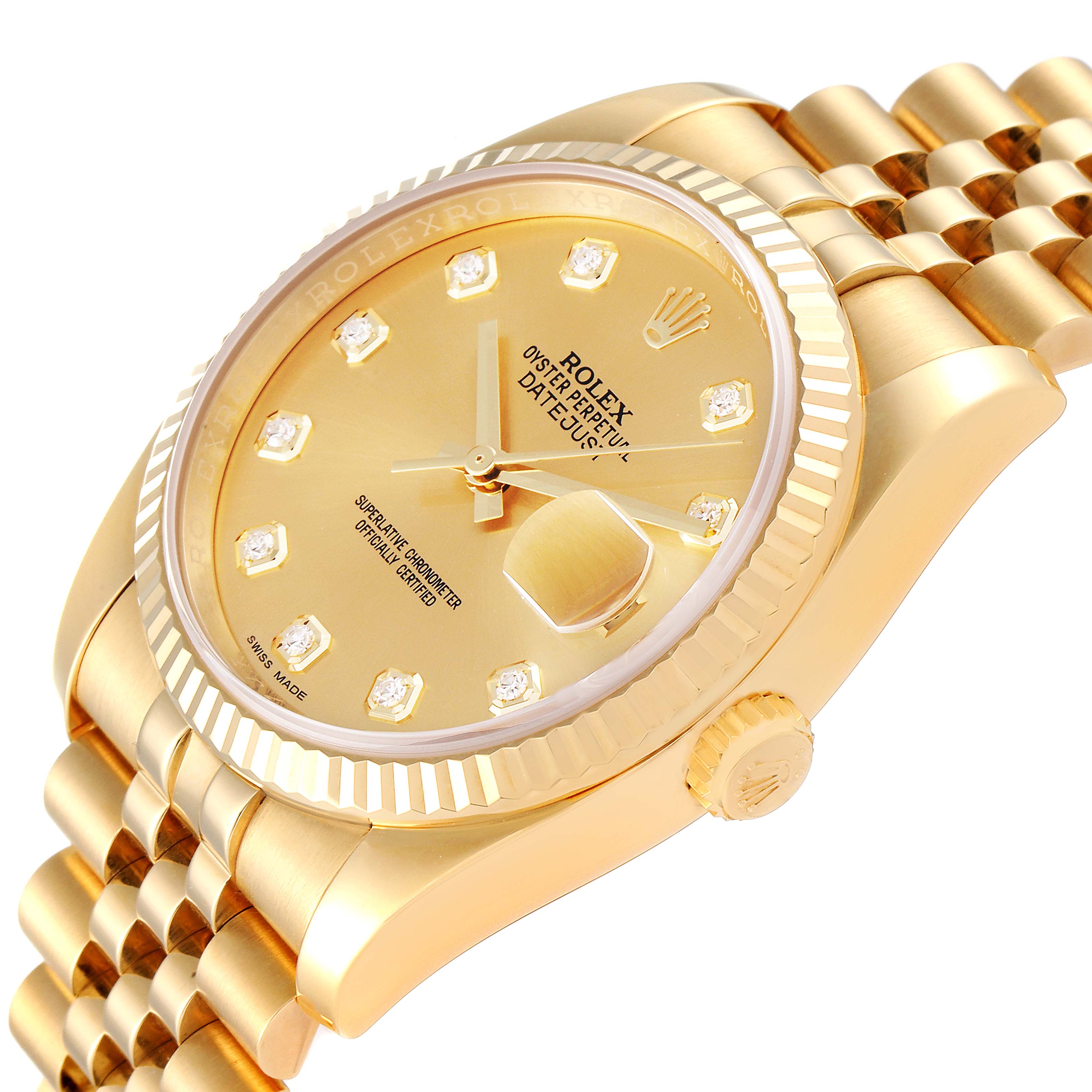 This image shows a close-up angle of the Rolex President 116238 Men
s Yellow Gold Champagne Dial 116238 Men
s Yellow Gold Champagne Dial model watch, highlighting the dial, crown, and part of the bracelet.