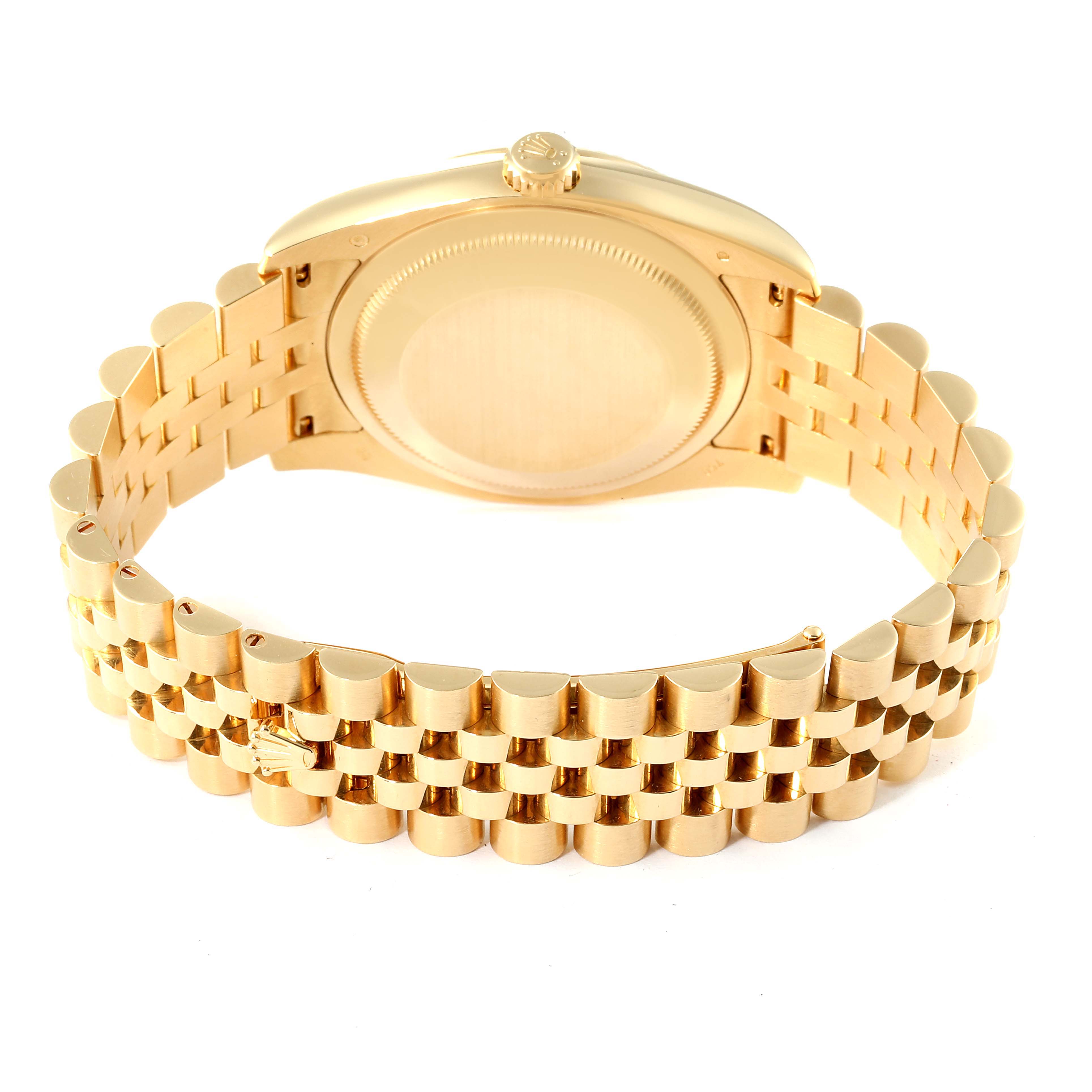 The image shows the back view of the Rolex President 116238 Men
s Yellow Gold Champagne Dial 116238 Men
s Yellow Gold Champagne Dial model watch, highlighting its case and metal bracelet.