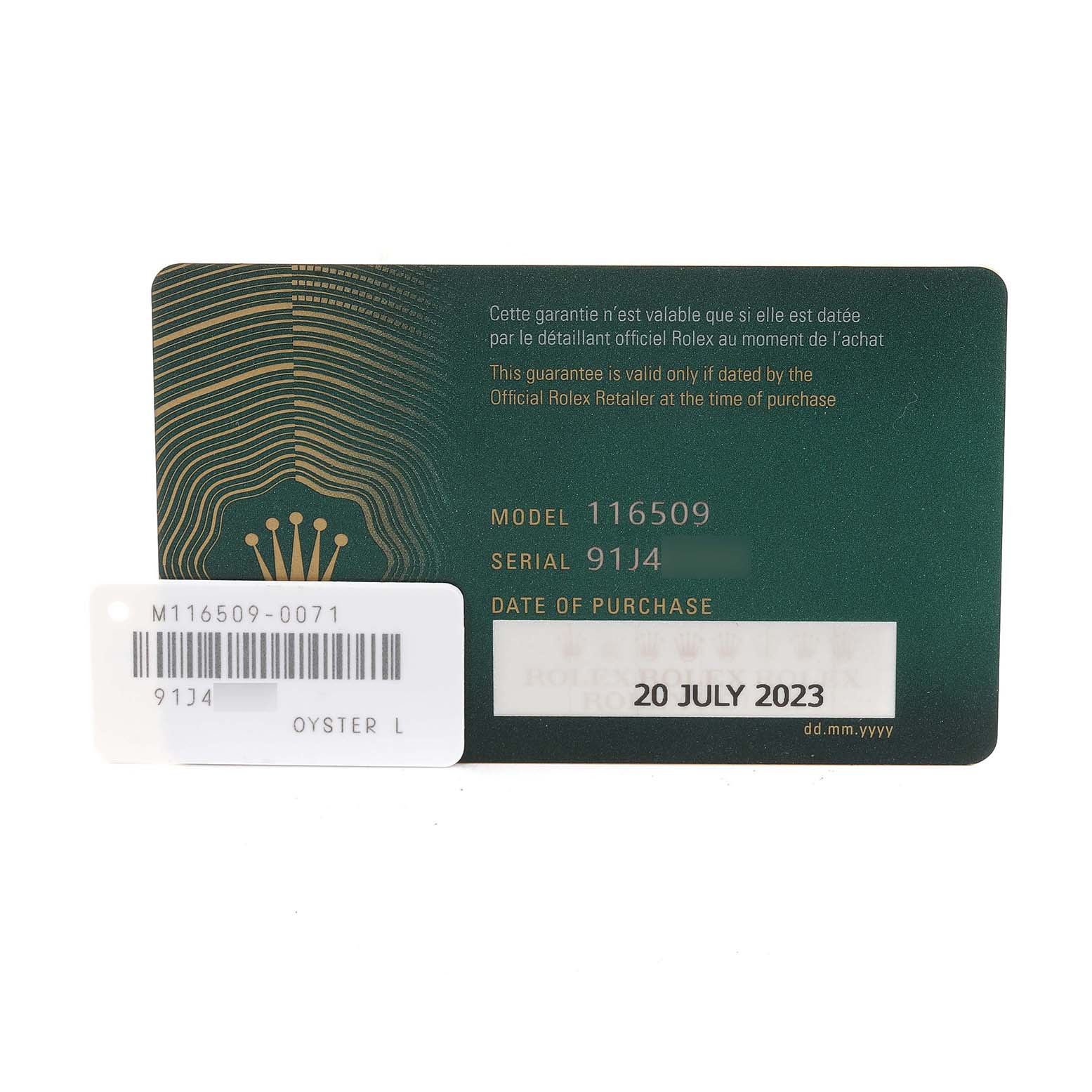 The image shows the authenticity card and barcode tag for the Rolex Daytona 116509 Men's White Gold Blue Dial 116509 Men's White Gold Blue Dial model 116509, dated 20 July 2023.