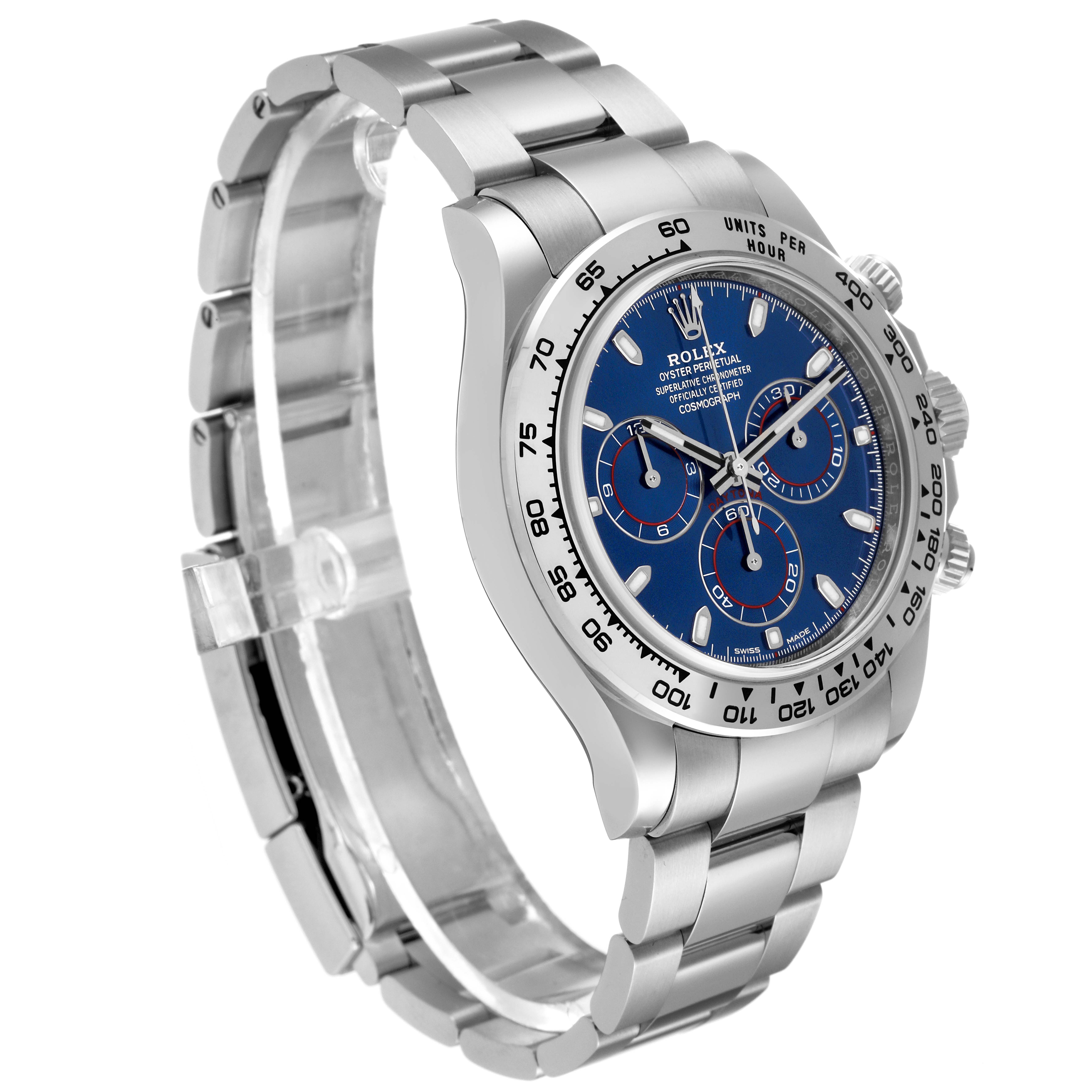 The Rolex Daytona 116509 Men's White Gold Blue Dial 116509 Men's White Gold Blue Dial watch is shown at a three-quarter angle, highlighting the face, bezel, and metal bracelet.