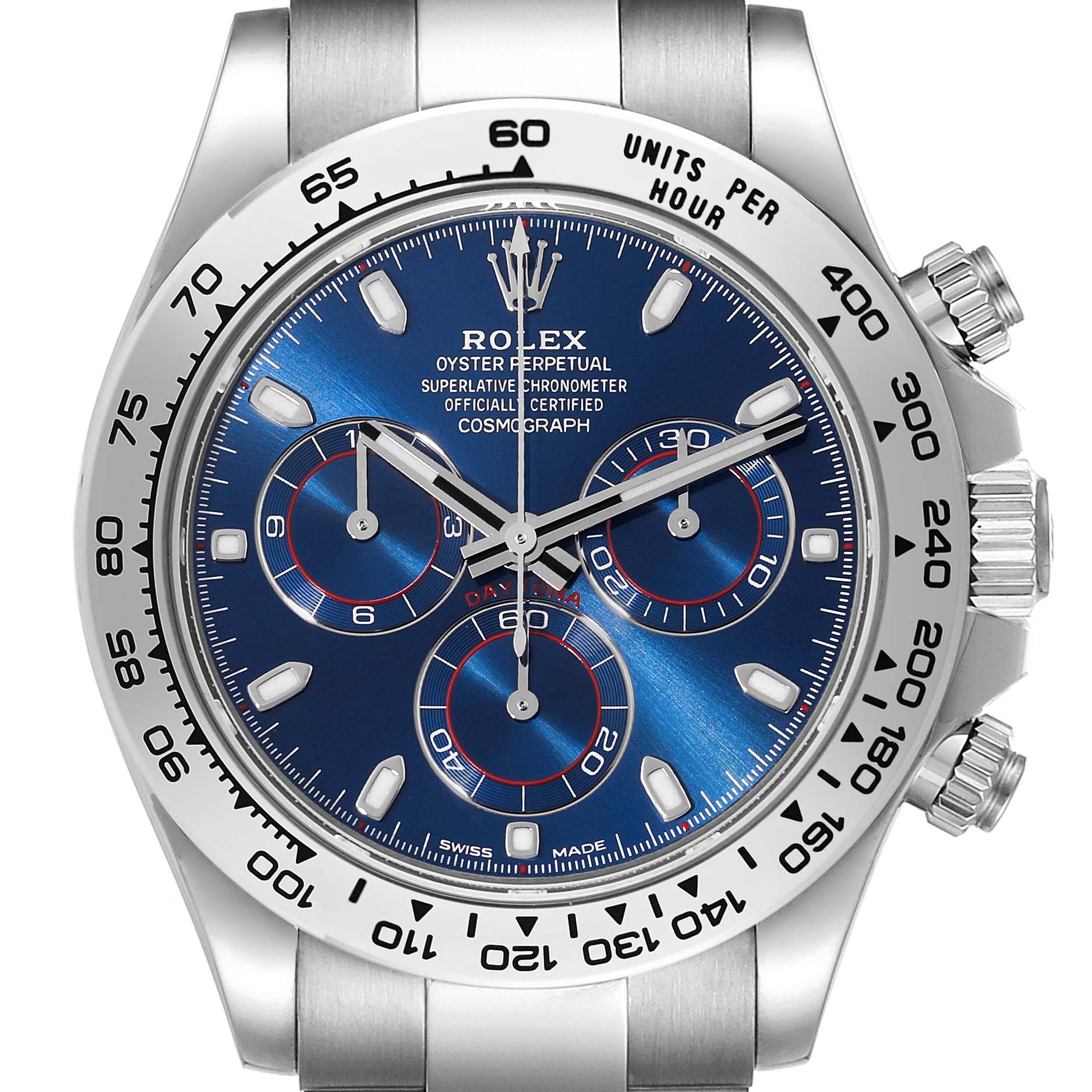 This image shows a full frontal view of a Rolex Daytona 116509 Men's White Gold Blue Dial 116509 Men's White Gold Blue Dial watch, displaying its blue dial, three subdials, and tachymeter bezel.