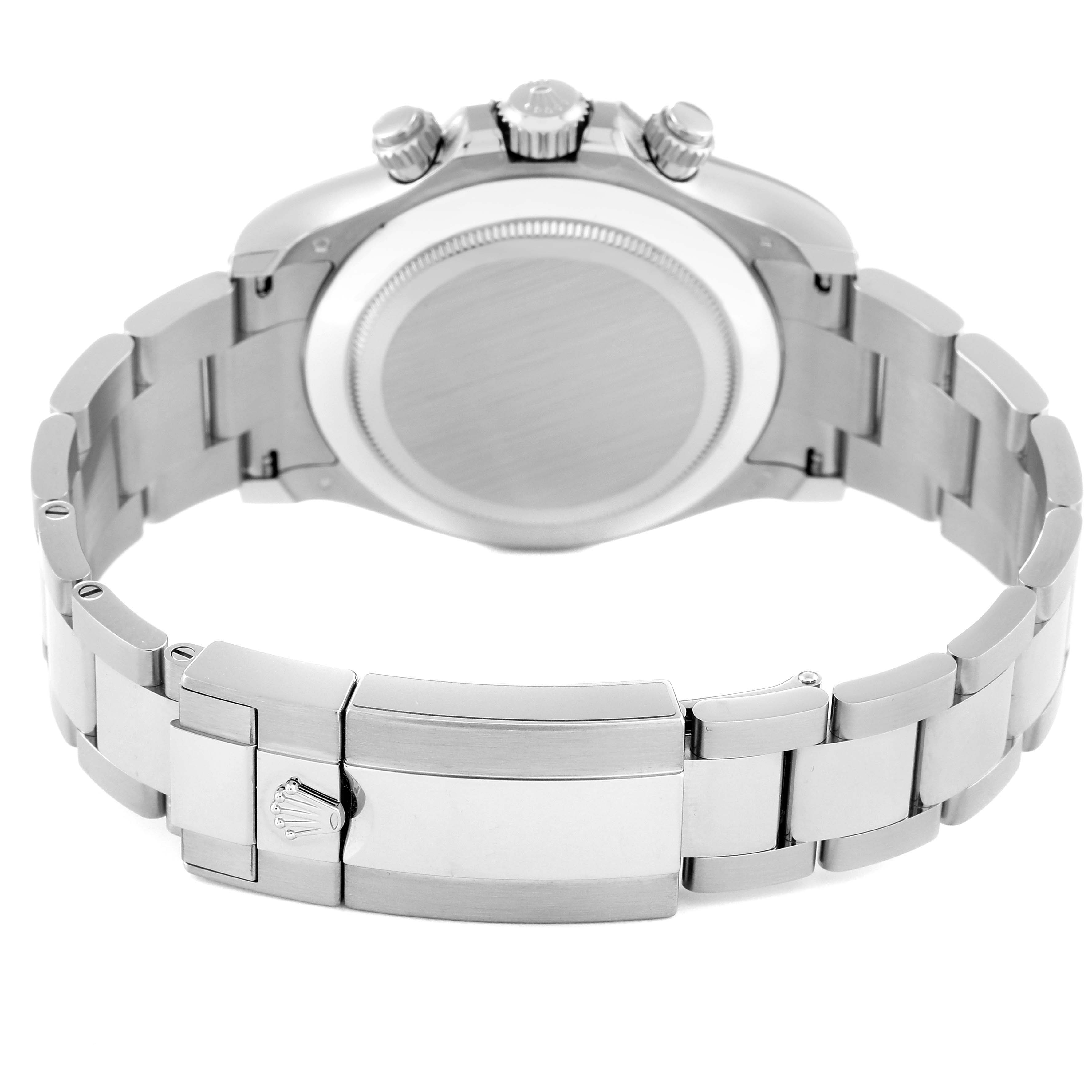 The image shows the back and bracelet of a Rolex Daytona 116509 Men's White Gold Blue Dial 116509 Men's White Gold Blue Dial watch, emphasizing the clasp and case back.