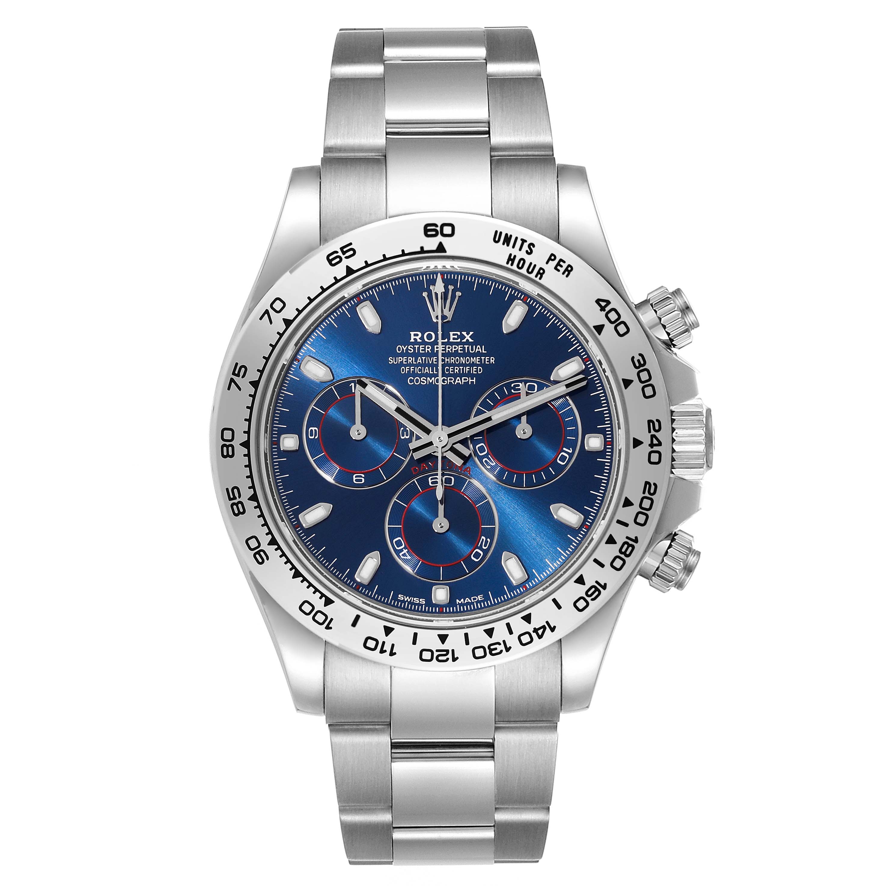 The image shows a front view of a Rolex Daytona 116509 Men's White Gold Blue Dial 116509 Men's White Gold Blue Dial watch, displaying its dial, bezel, case, and bracelet.