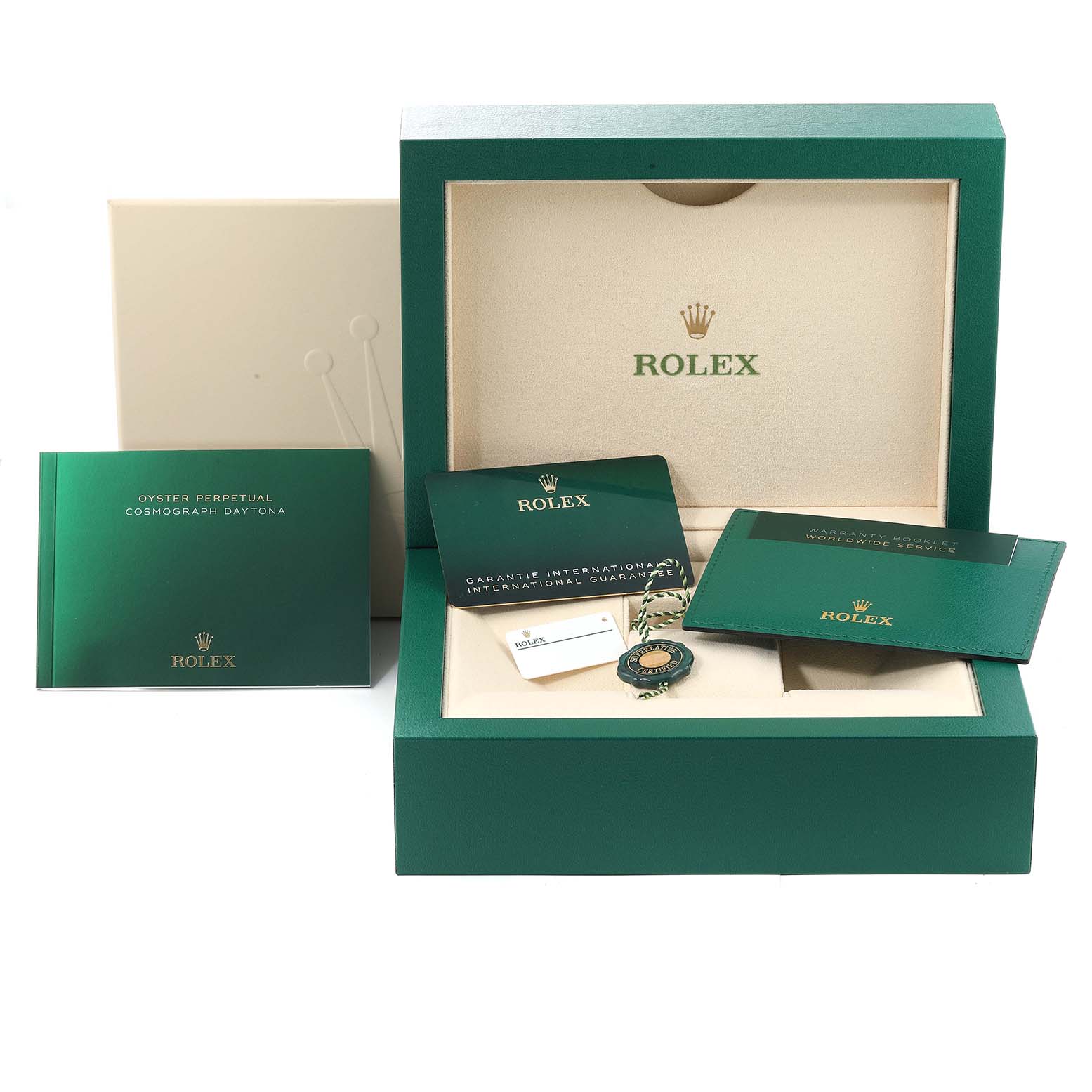 The image shows a Rolex Daytona 116509 Men's White Gold Blue Dial 116509 Men's White Gold Blue Dial packaging box, including manuals, an international guarantee card, and tags.