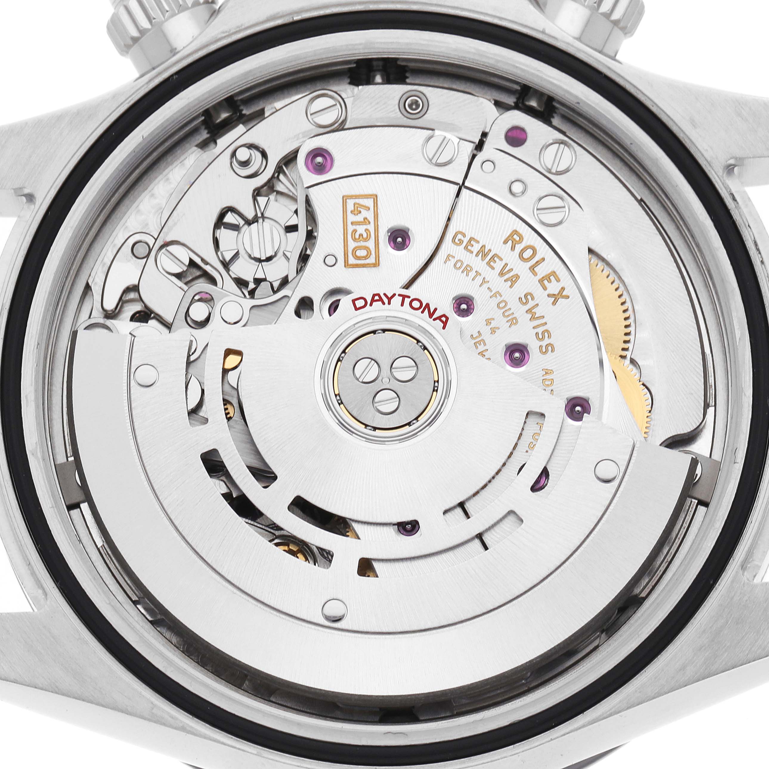 This is a close-up of the movement of a Rolex Daytona 116500 Men
s Stainless Steel White Dial, showing its intricate mechanical components from the back.