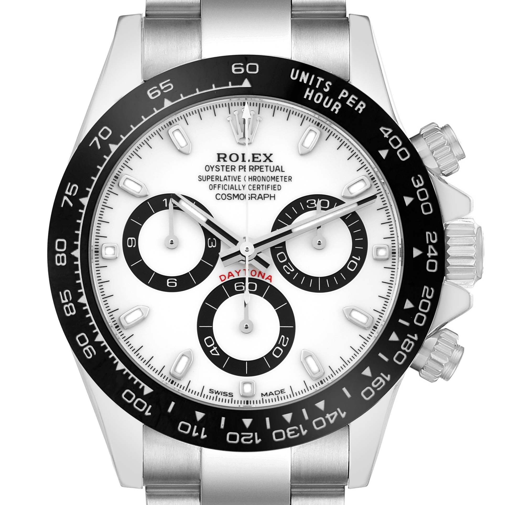The Rolex Daytona 116500 Men
s Stainless Steel White Dial watch is shown from a front angle, highlighting the dial, bezel, subdials, and part of the bracelet.