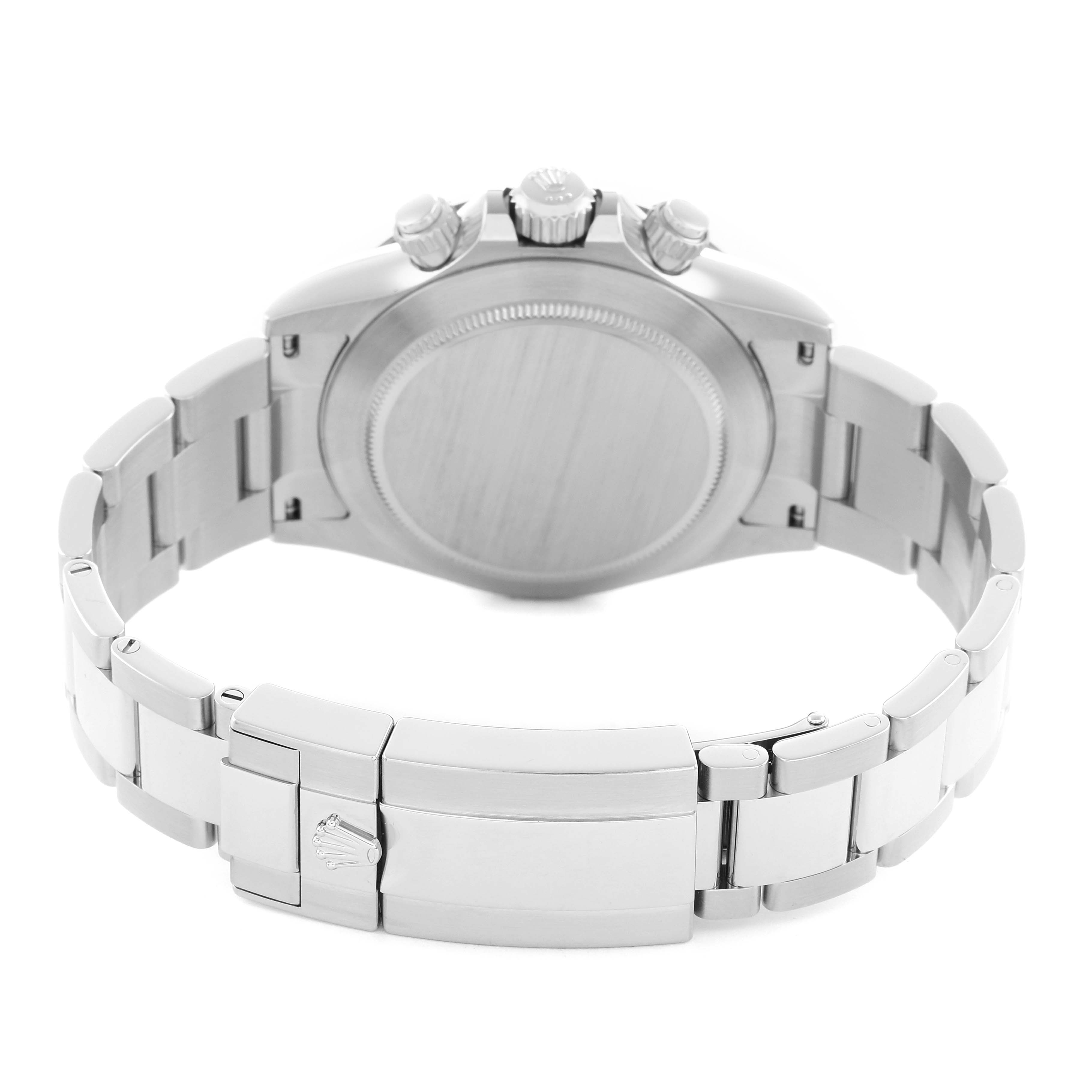 The image shows the back side of a Rolex Daytona 116500 Men
s Stainless Steel White Dial watch, highlighting the case back, bracelet, and clasp.