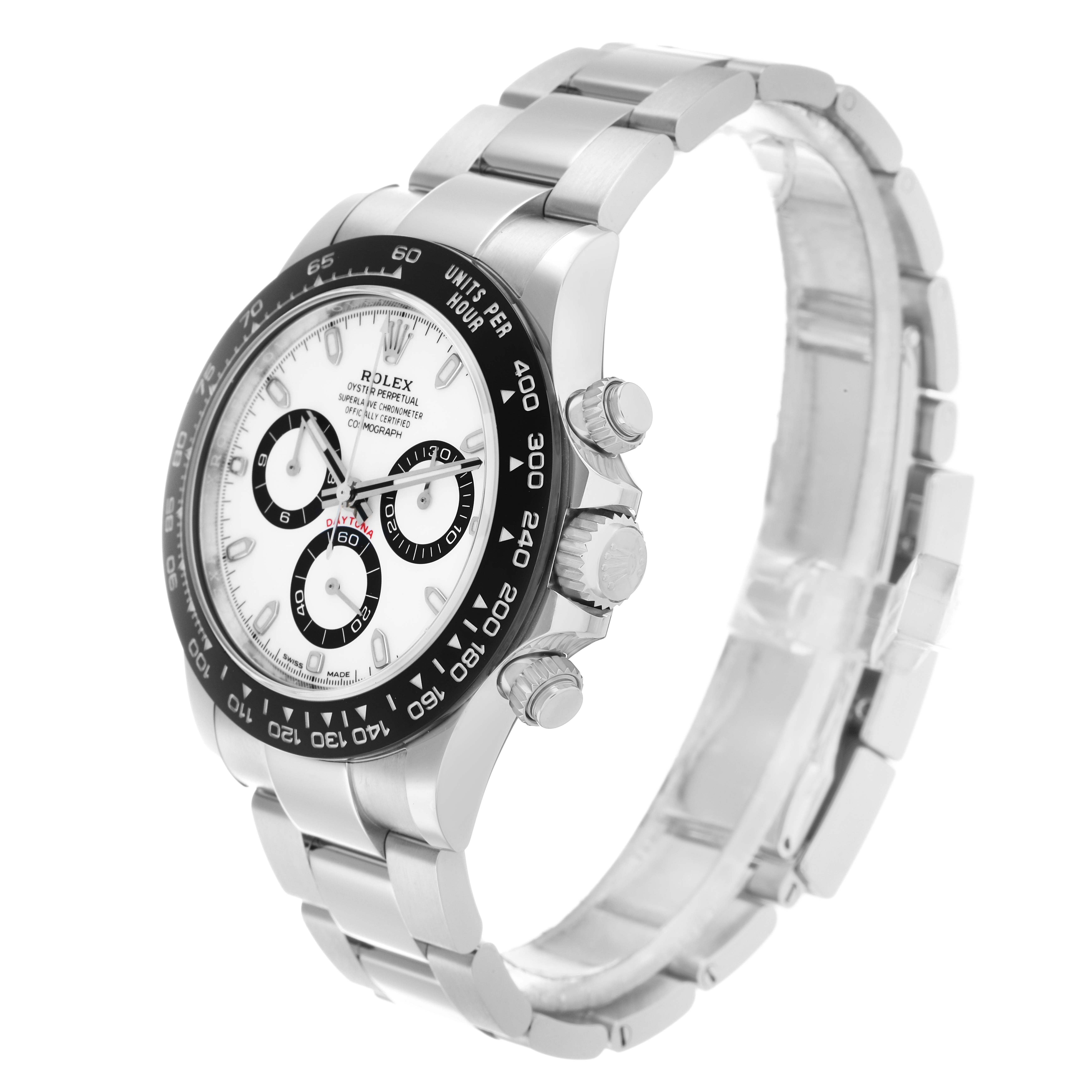 The Rolex Daytona 116500 Men
s Stainless Steel White Dial watch is angled slightly from the side, showing the face, bezel, crown, and part of the bracelet.