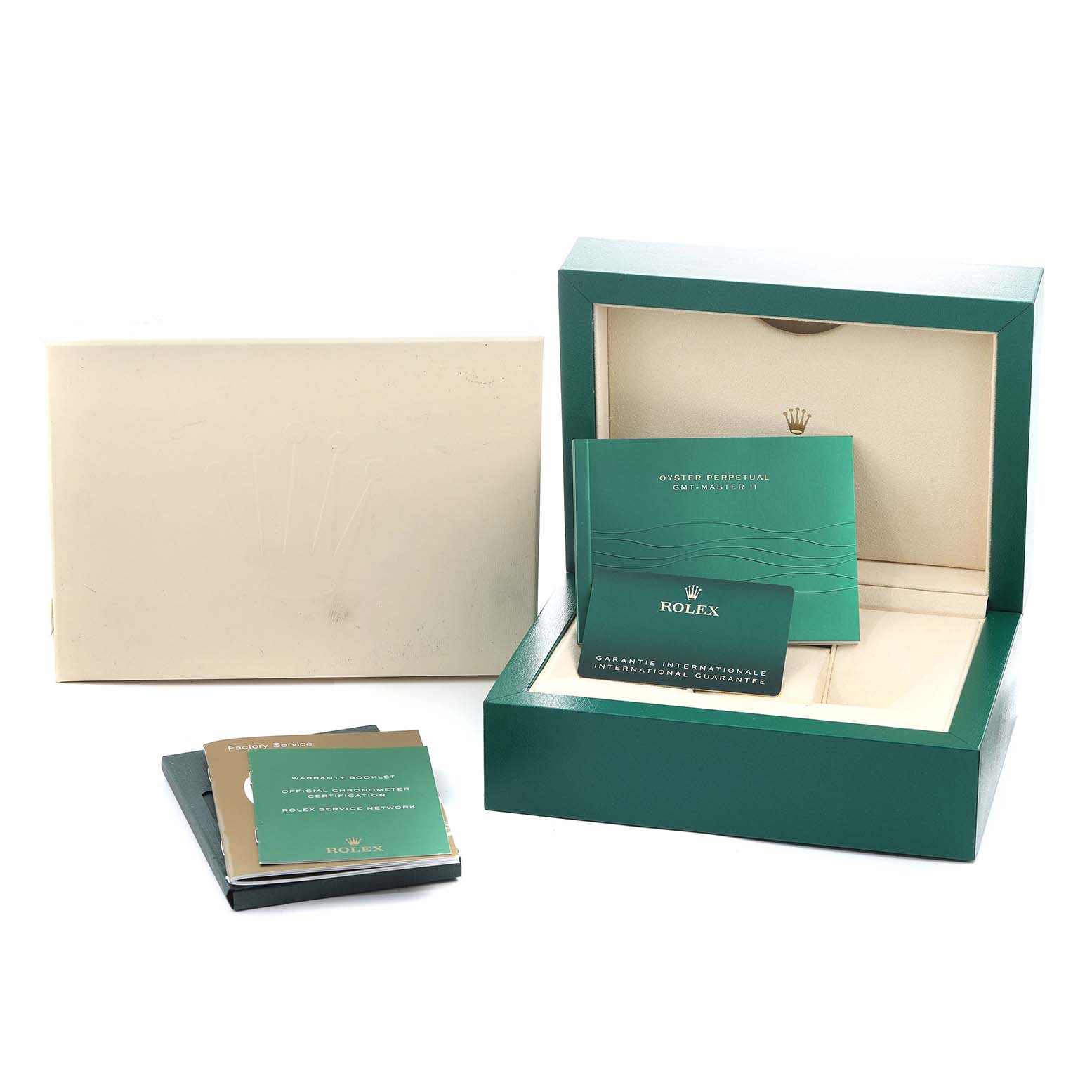 The image shows a Rolex Daytona 116500 Men
s Stainless Steel White Dial box and accessories, including documentation and warranty cards.