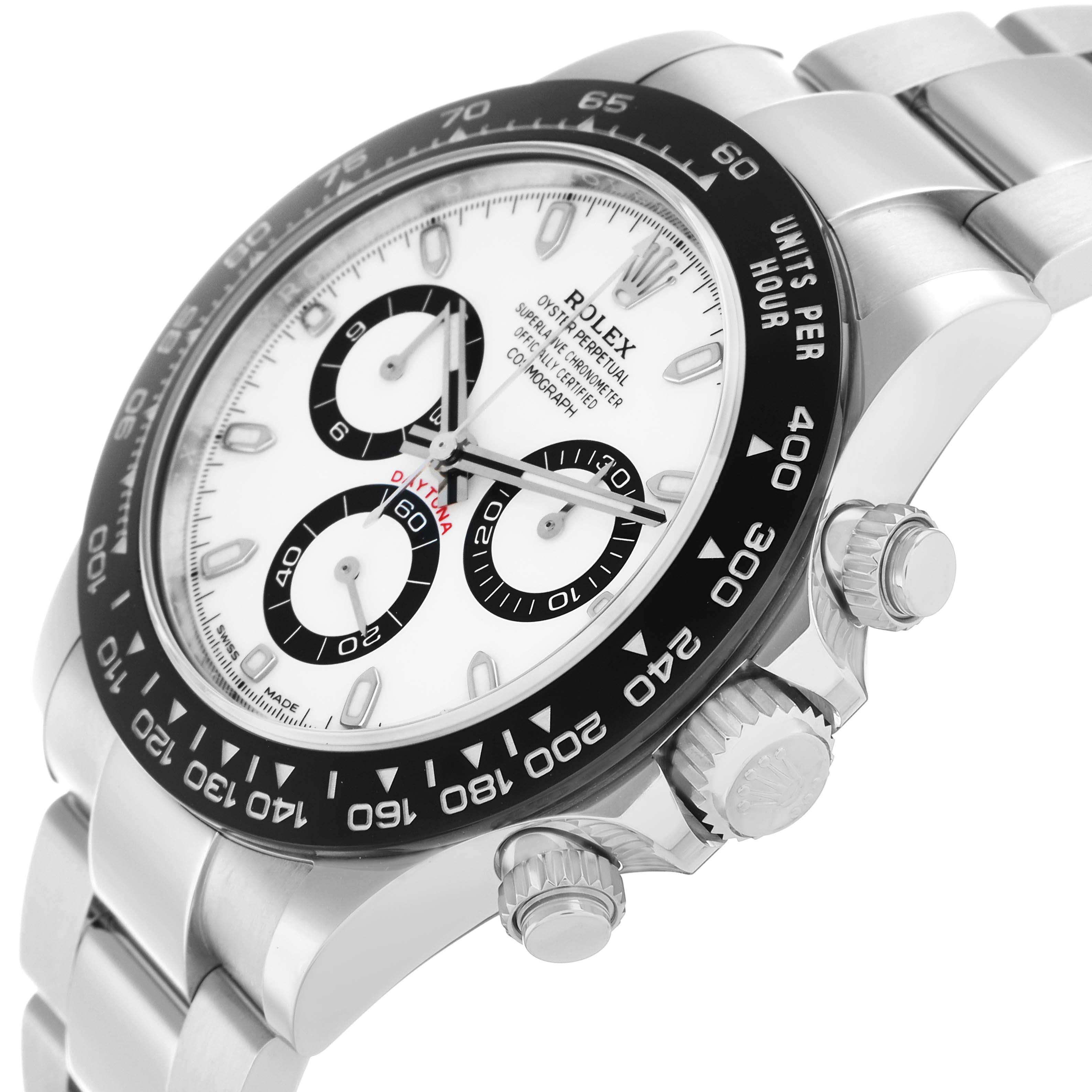 The Rolex Daytona 116500 Men
s Stainless Steel White Dial watch is captured at a side angle, showing the case, bezel, crown, and part of the bracelet.
