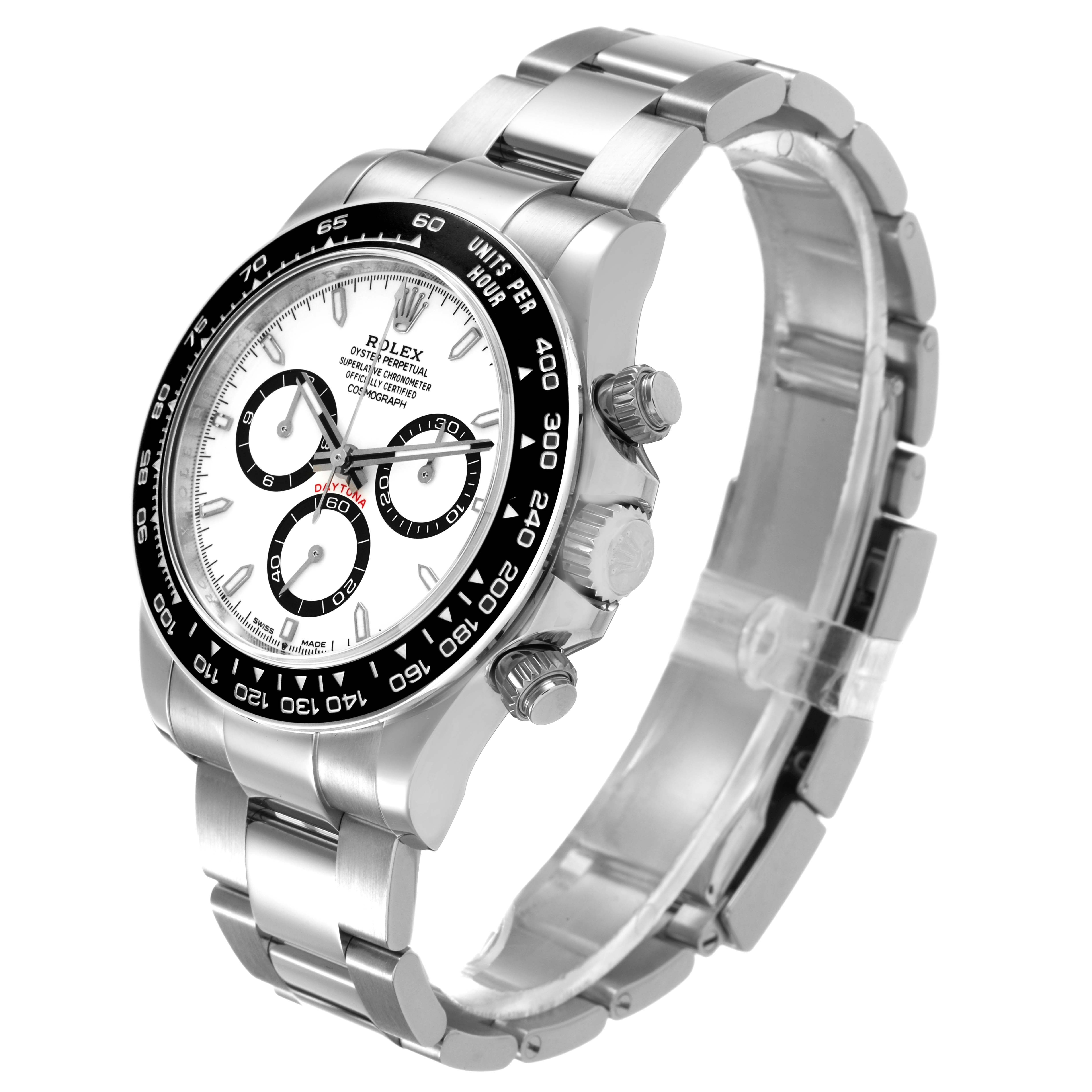 The Rolex Daytona 126500 Men's Stainless Steel White Dial watch is shown at a slight side angle, featuring the bezel, dial, crown, and bracelet.