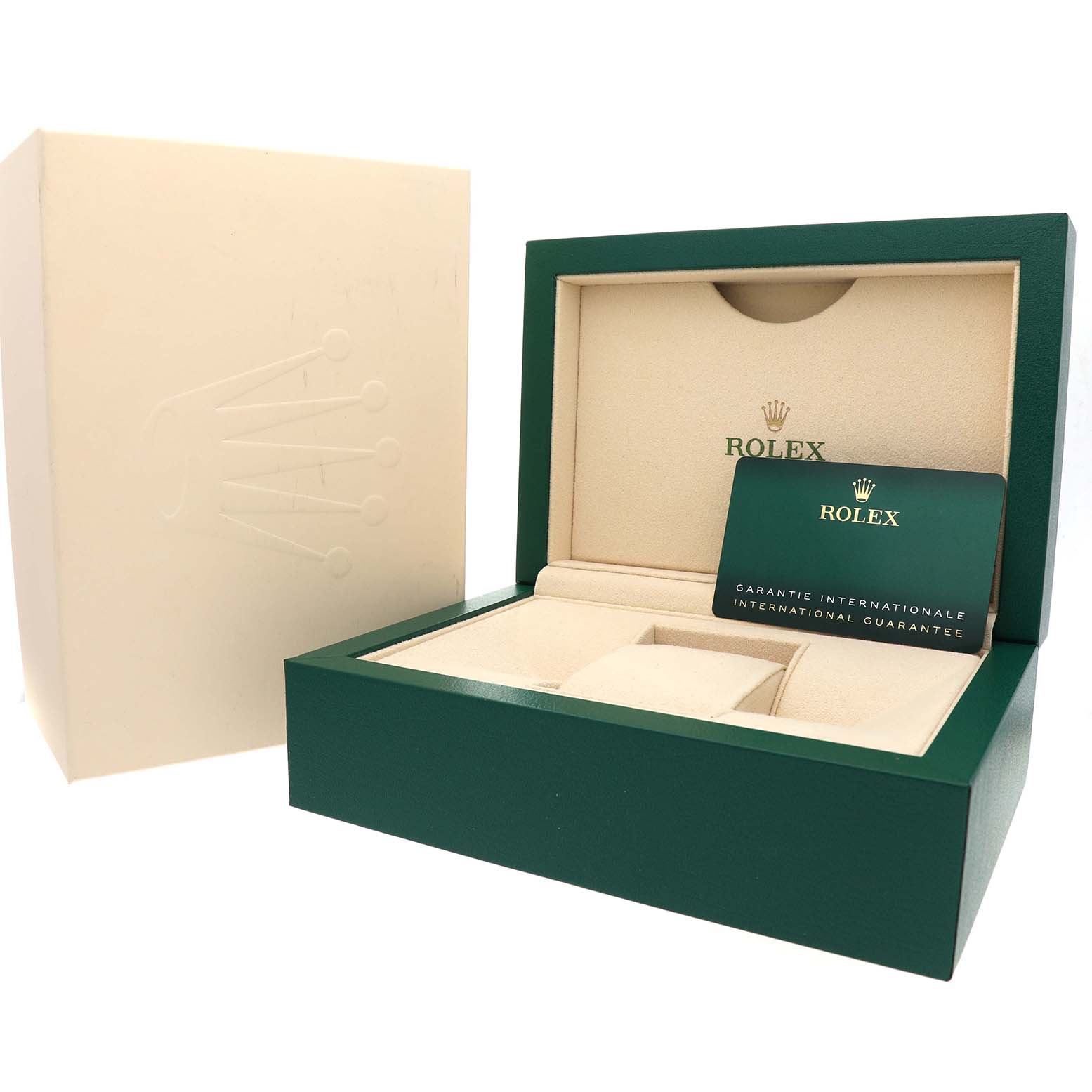 The image shows an open green box for a Rolex Daytona 126500 Men's Stainless Steel White Dial watch, featuring the interior compartments and guarantee card.