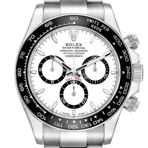 The image shows a front view of a Rolex Daytona 126500 Men's Stainless Steel White Dial, highlighting the dial, bezel, and chronograph subdials.