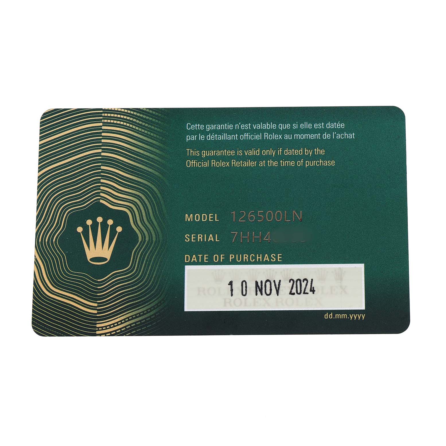The image shows a guarantee card for a Rolex Daytona 126500 Men's Stainless Steel White Dial Model 126500LN.