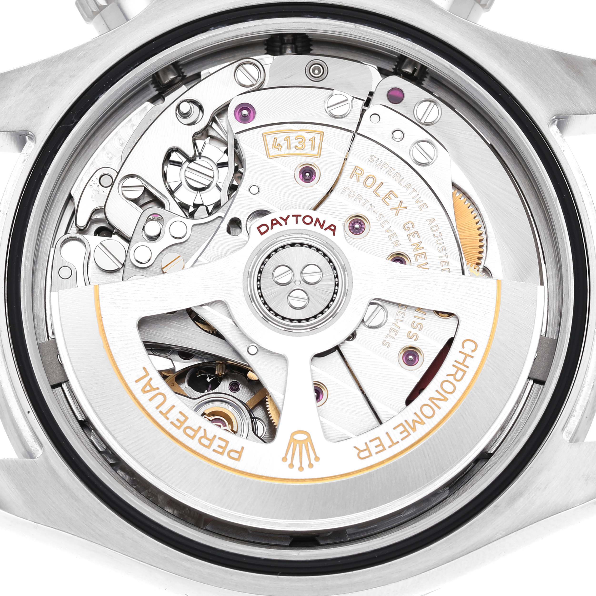 This image shows the Rolex Daytona 126500 Men's Stainless Steel White Dial watch from the back, highlighting its intricate movement and rotor mechanism.