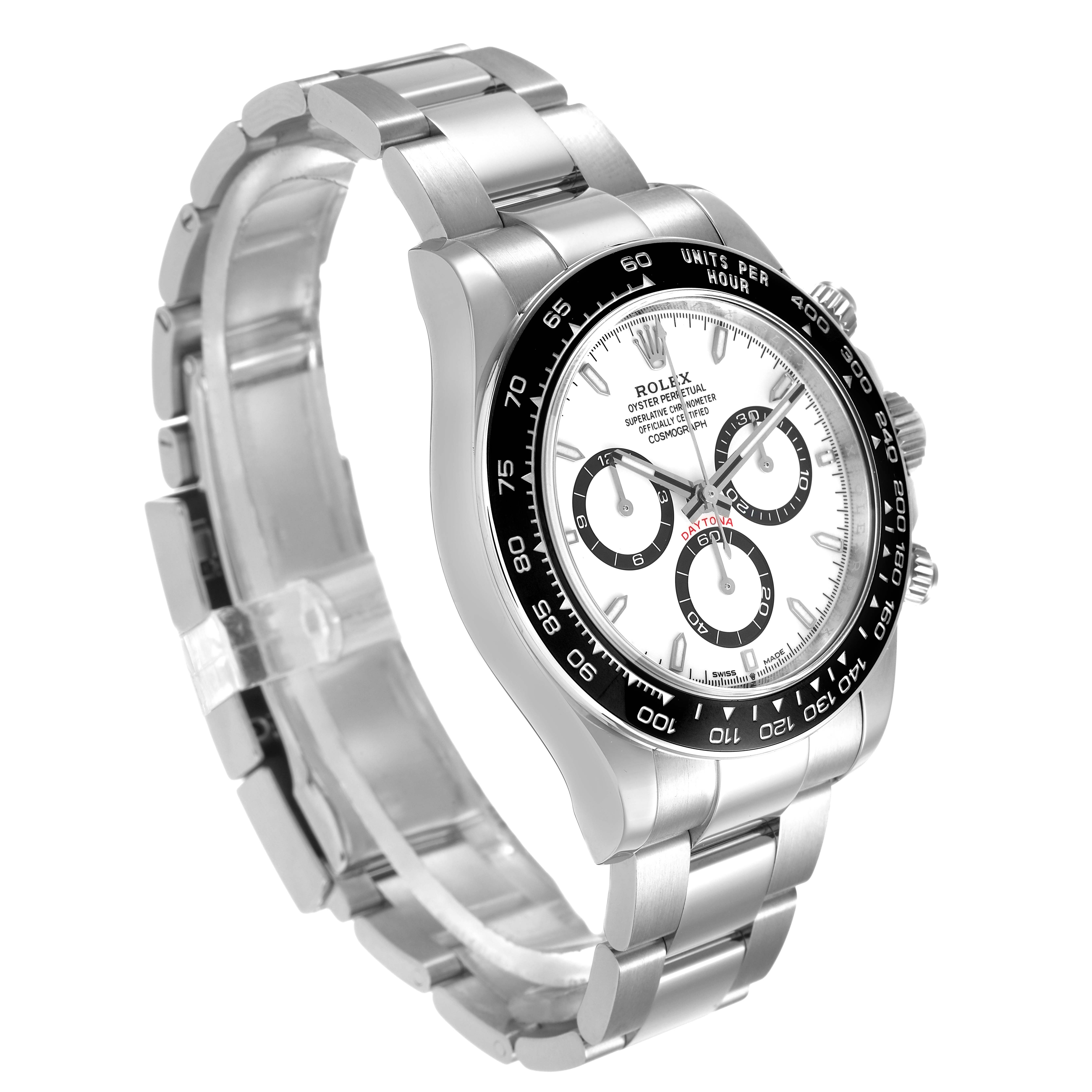 The Rolex Daytona 126500 Men's Stainless Steel White Dial watch is shown at a three-quarter angle highlighting the dial, bezel, and bracelet.