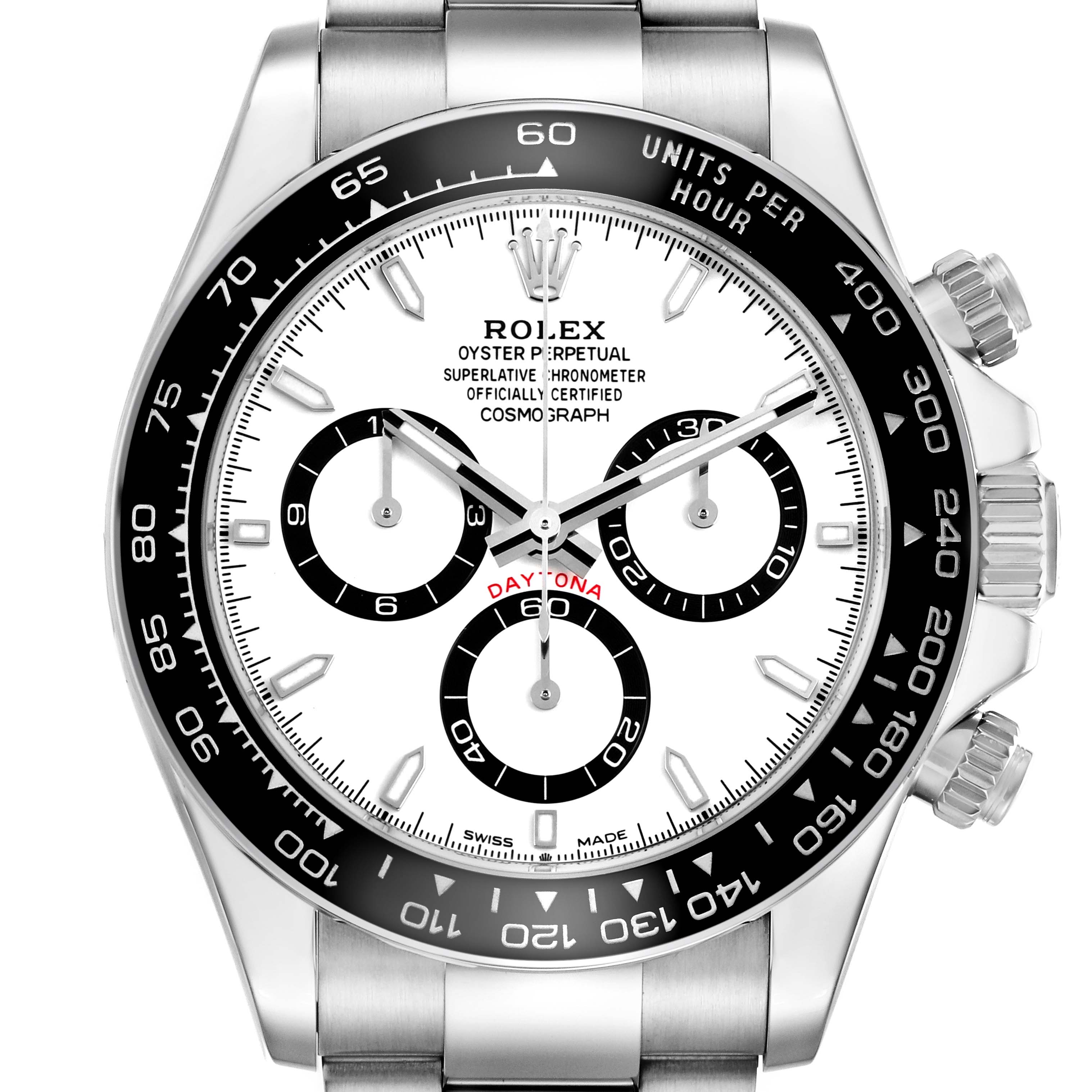 The image shows a Rolex Daytona 126500 Men's Stainless Steel White Dial watch from a front angle, highlighting the dial, bezel, and chronograph subdials.