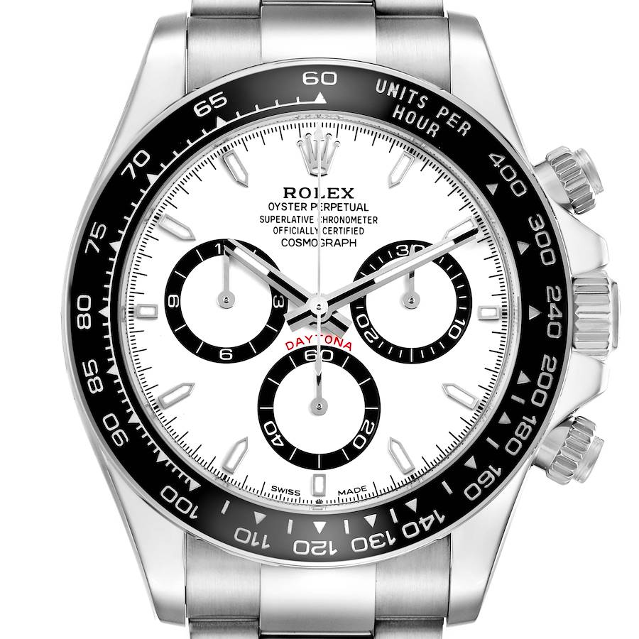 The image shows a Rolex Daytona 126500 Men's Stainless Steel White Dial watch from a front angle, highlighting the dial, bezel, and chronograph subdials.