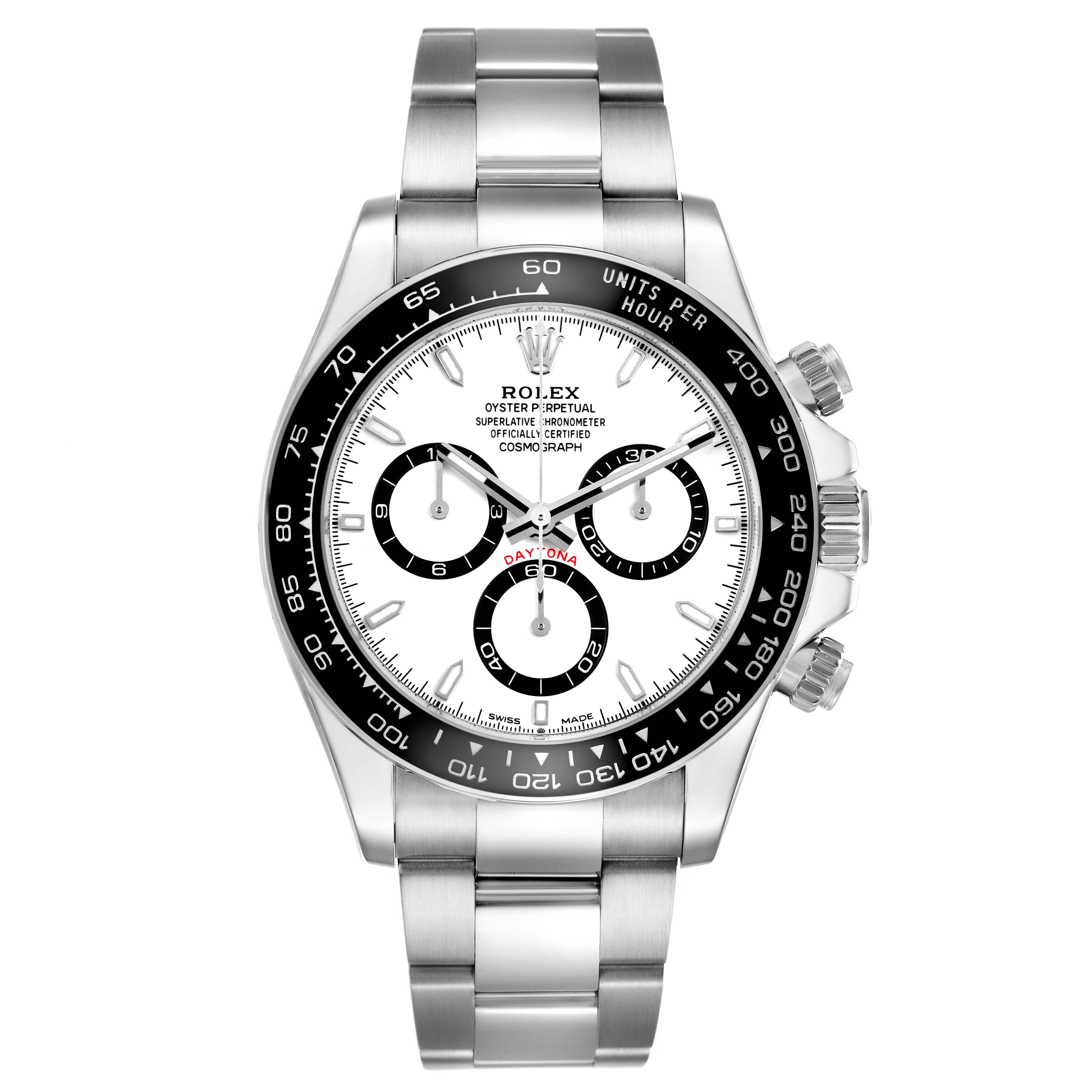 The Rolex Daytona 126500 Men's Stainless Steel White Dial watch is shown from a front angle, displaying the face, bezel, and bracelet.