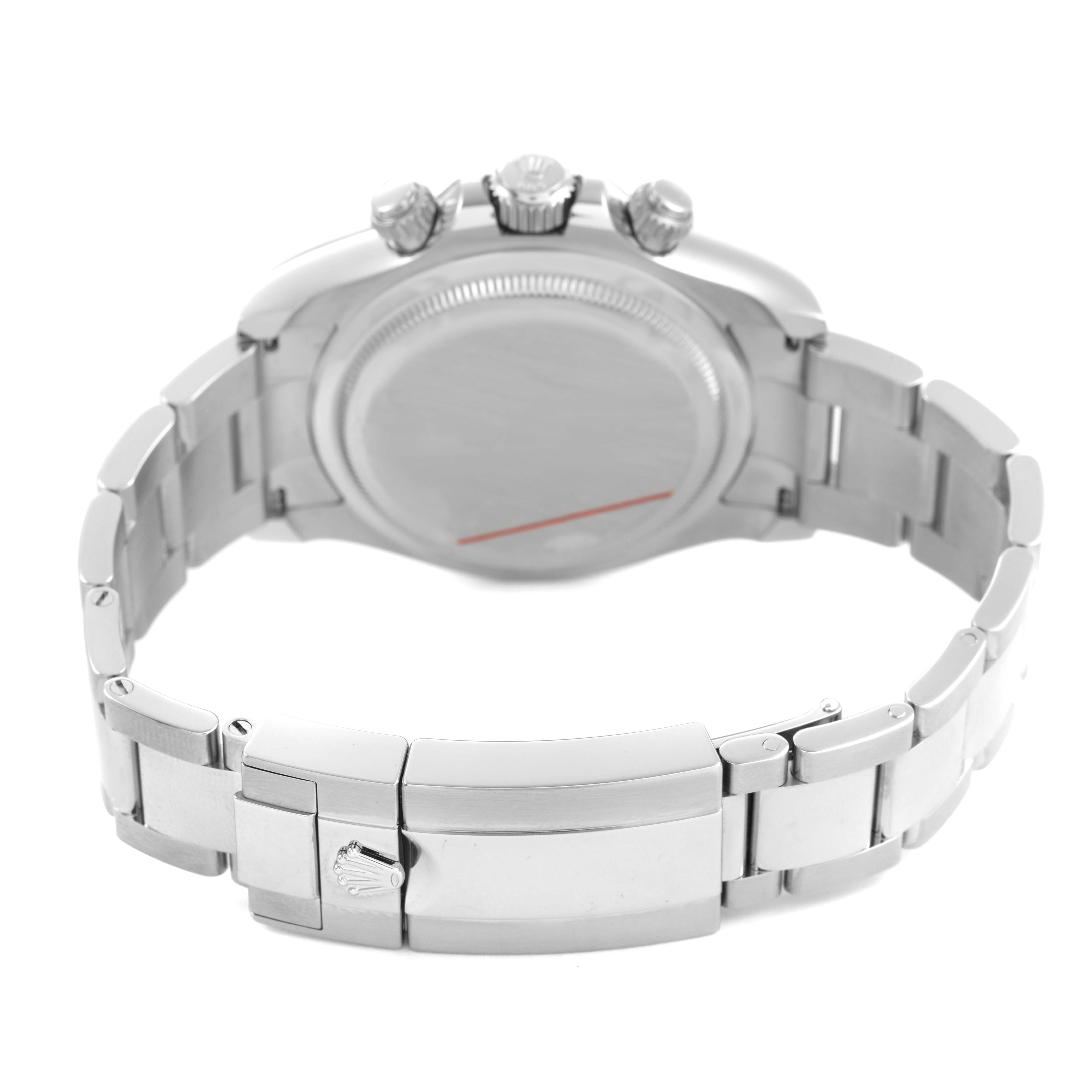 The image shows the back case and bracelet of a Rolex Daytona 126500 Men's Stainless Steel White Dial watch, including the clasp and side buttons.