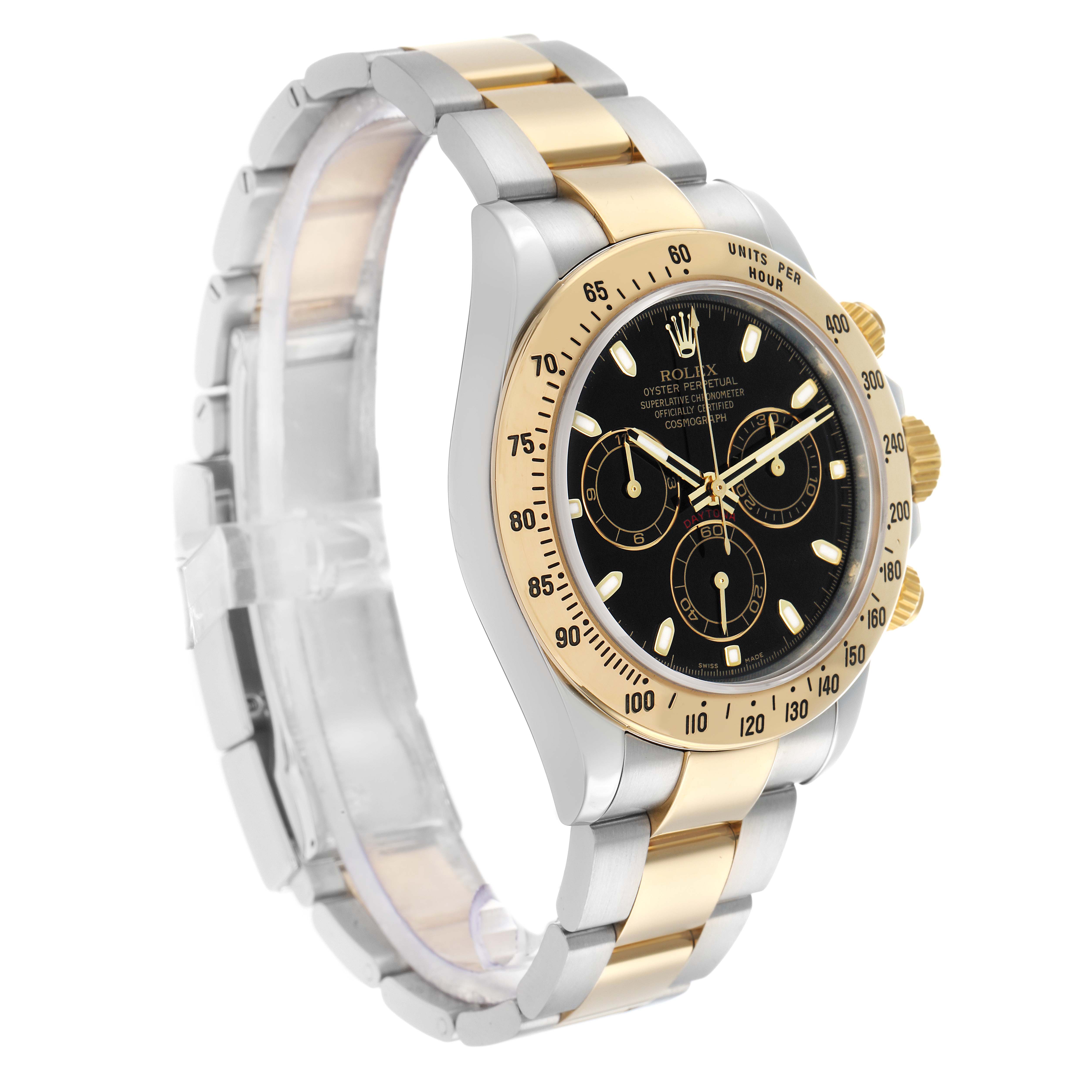 The Rolex Daytona 116523 Men
s Steel and Gold (two tone) Black Dial watch is shown at a three-quarter angle, highlighting the dial, bezel, and two-tone bracelet.