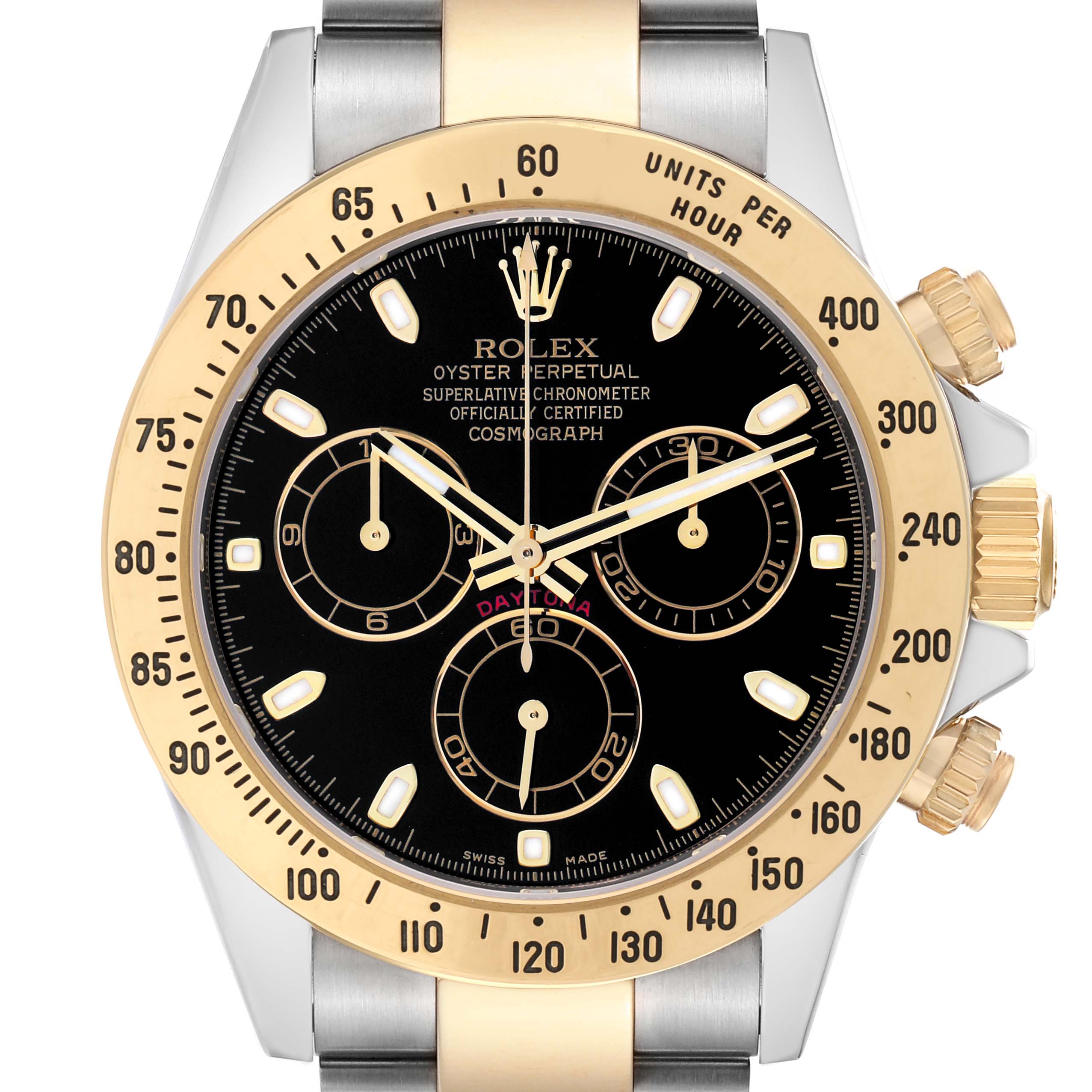 The Rolex Daytona 116523 Men
s Steel and Gold (two tone) Black Dial watch is shown from a front angle, displaying the dial, bezel, and part of the bracelet.