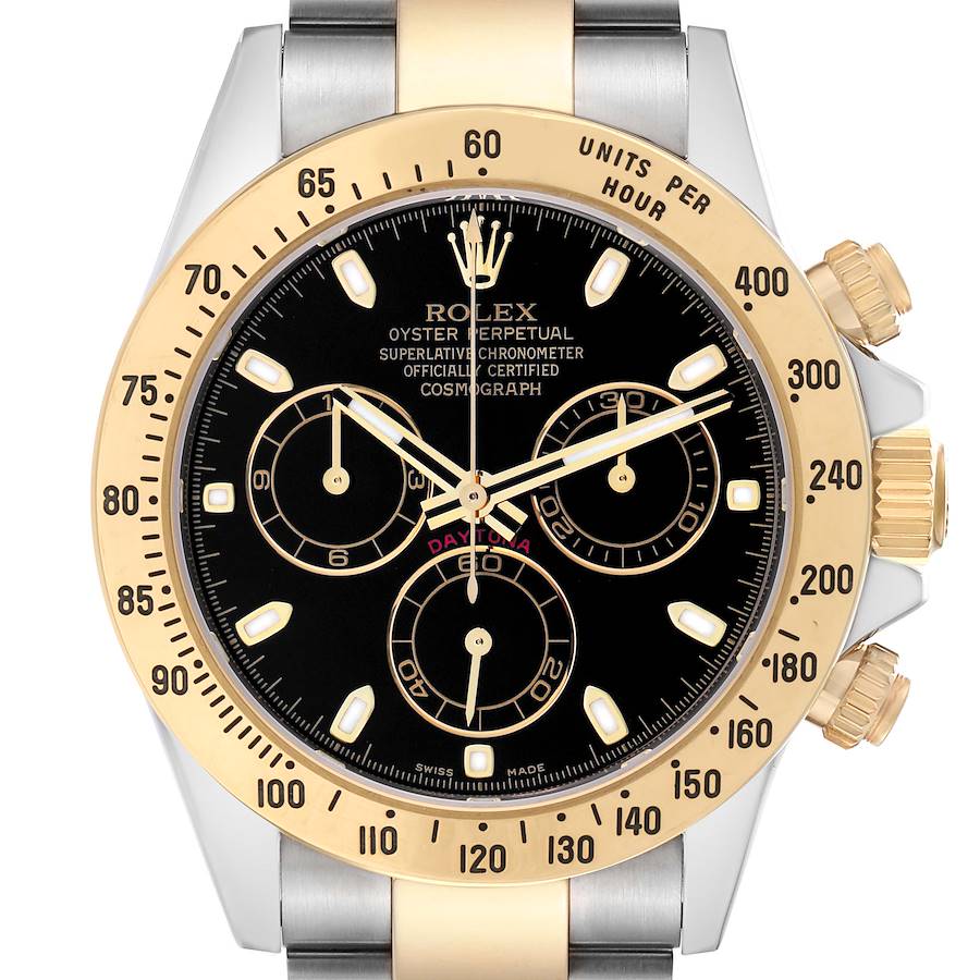 The Rolex Daytona 116523 Men's Steel and Gold (two tone) Black Dial watch is shown from a front angle, displaying the dial, bezel, and part of the bracelet.