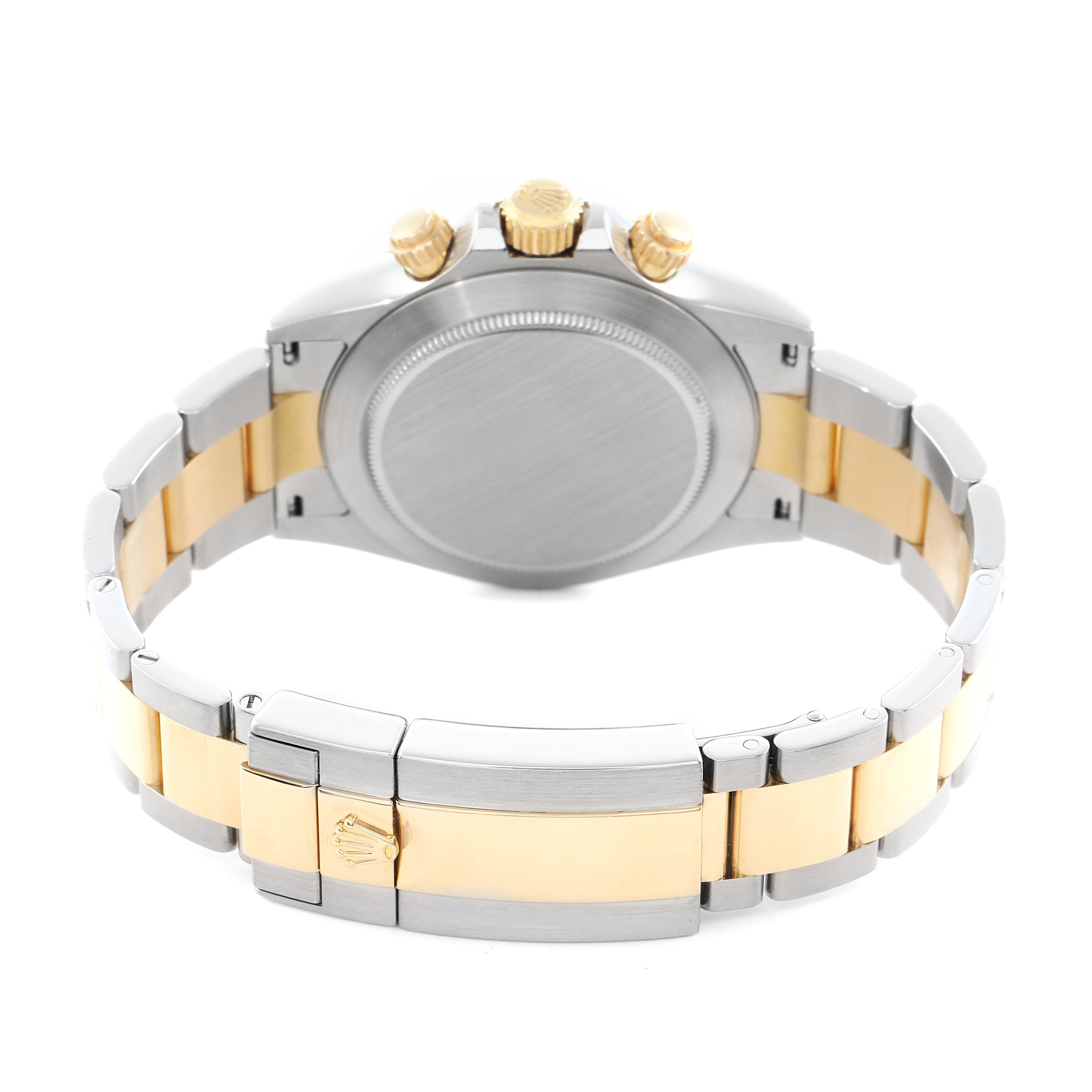 The Rolex Daytona 116523 Men
s Steel and Gold (two tone) Black Dial watch is shown from the back, highlighting the case back, bracelet, and clasp.