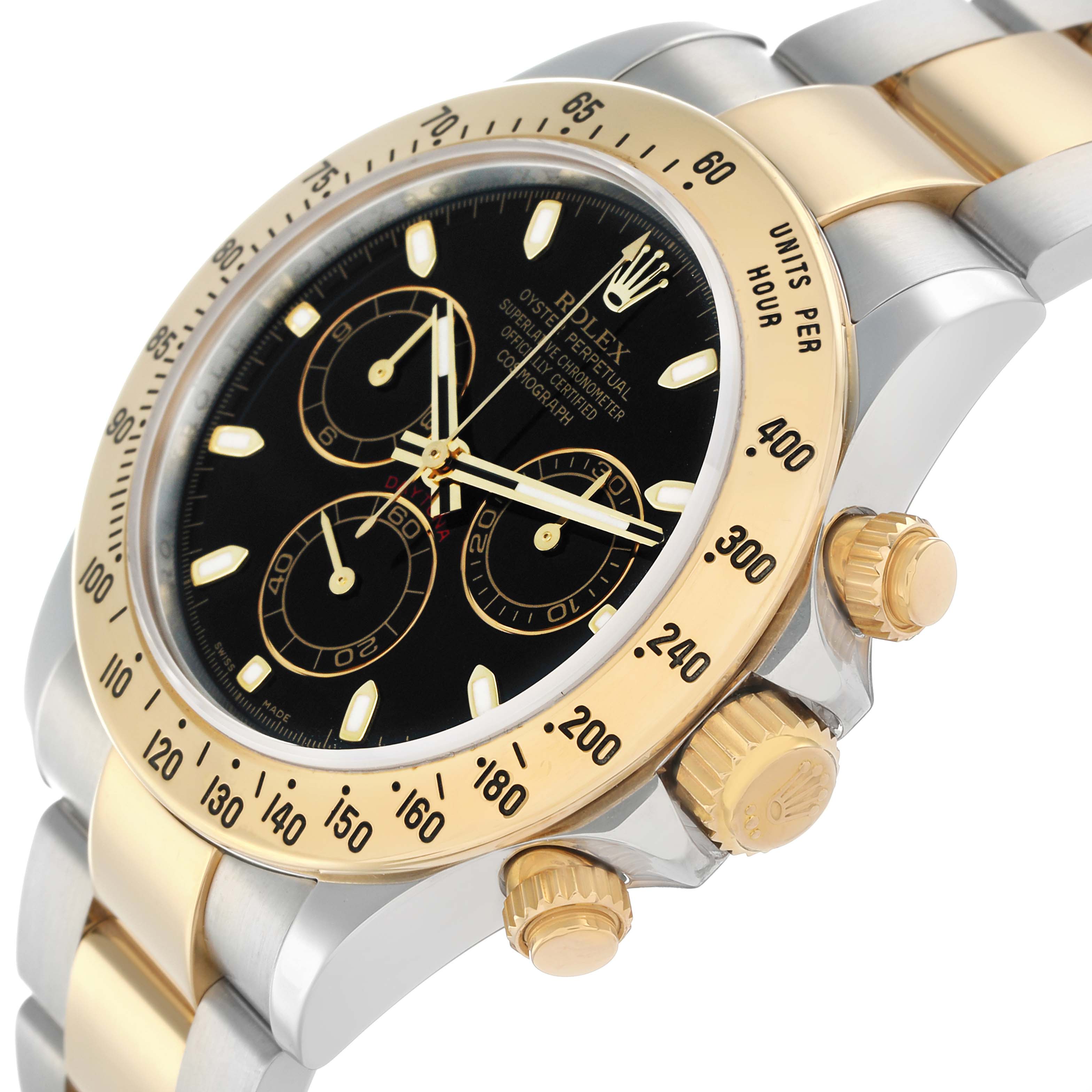 The Rolex Daytona 116523 Men
s Steel and Gold (two tone) Black Dial watch is shown from an angle highlighting the gold bezel, crown, pushers, and black dial.