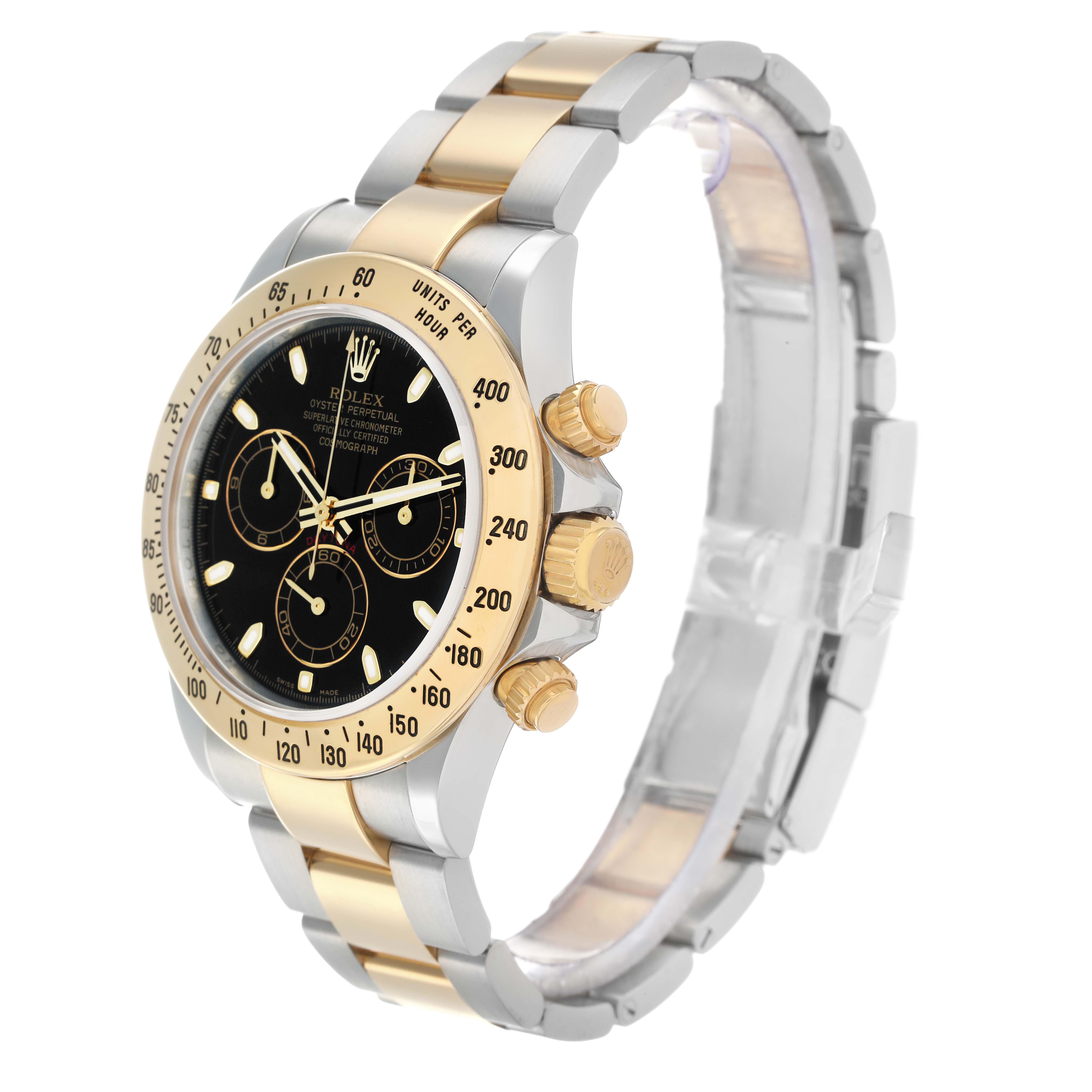 The Rolex Daytona 116523 Men
s Steel and Gold (two tone) Black Dial watch is shown at a three-quarter angle, highlighting its dial, bezel, and two-tone bracelet.