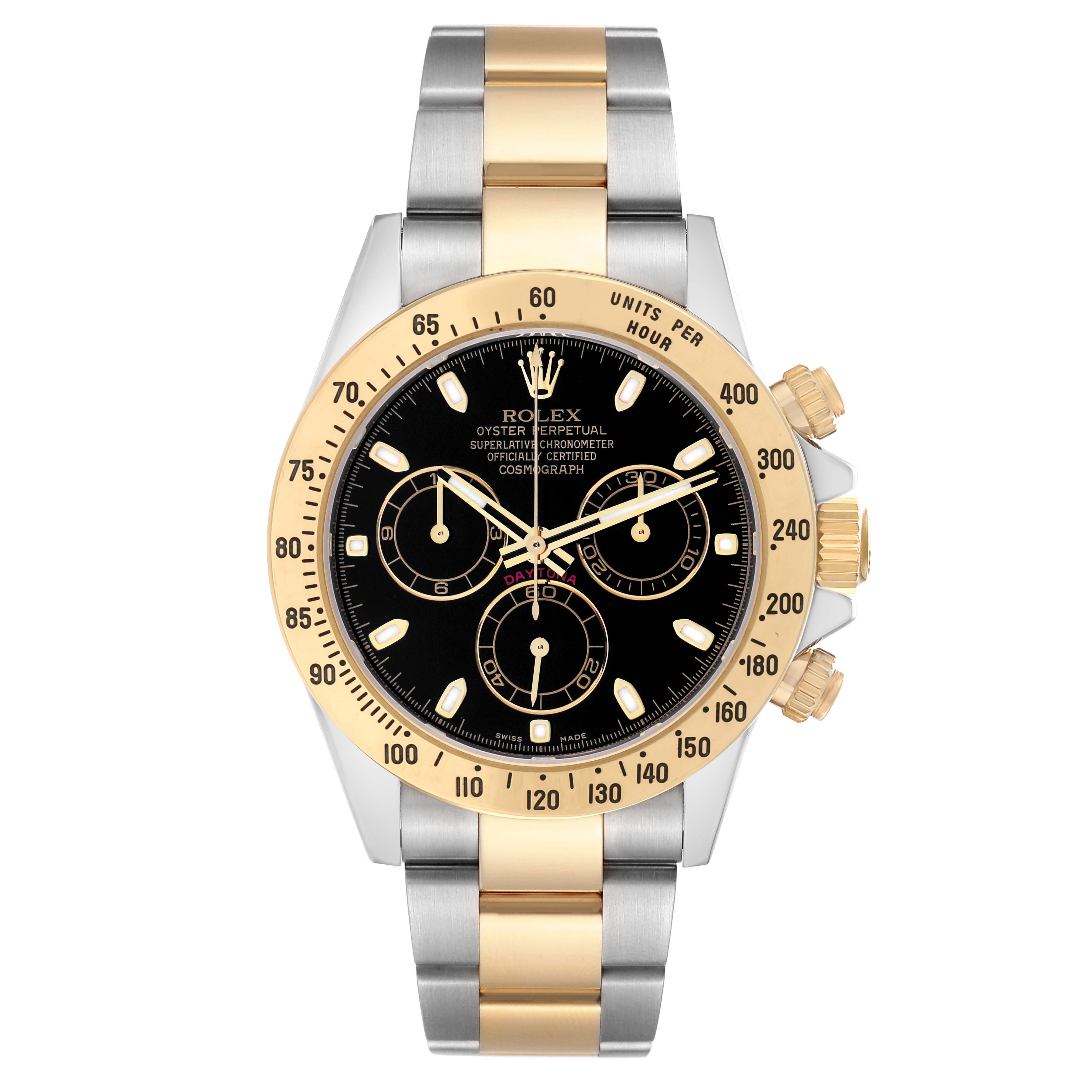 The Rolex Daytona 116523 Men
s Steel and Gold (two tone) Black Dial watch is shown from the front, displaying the dial, bezel, and two-tone bracelet.