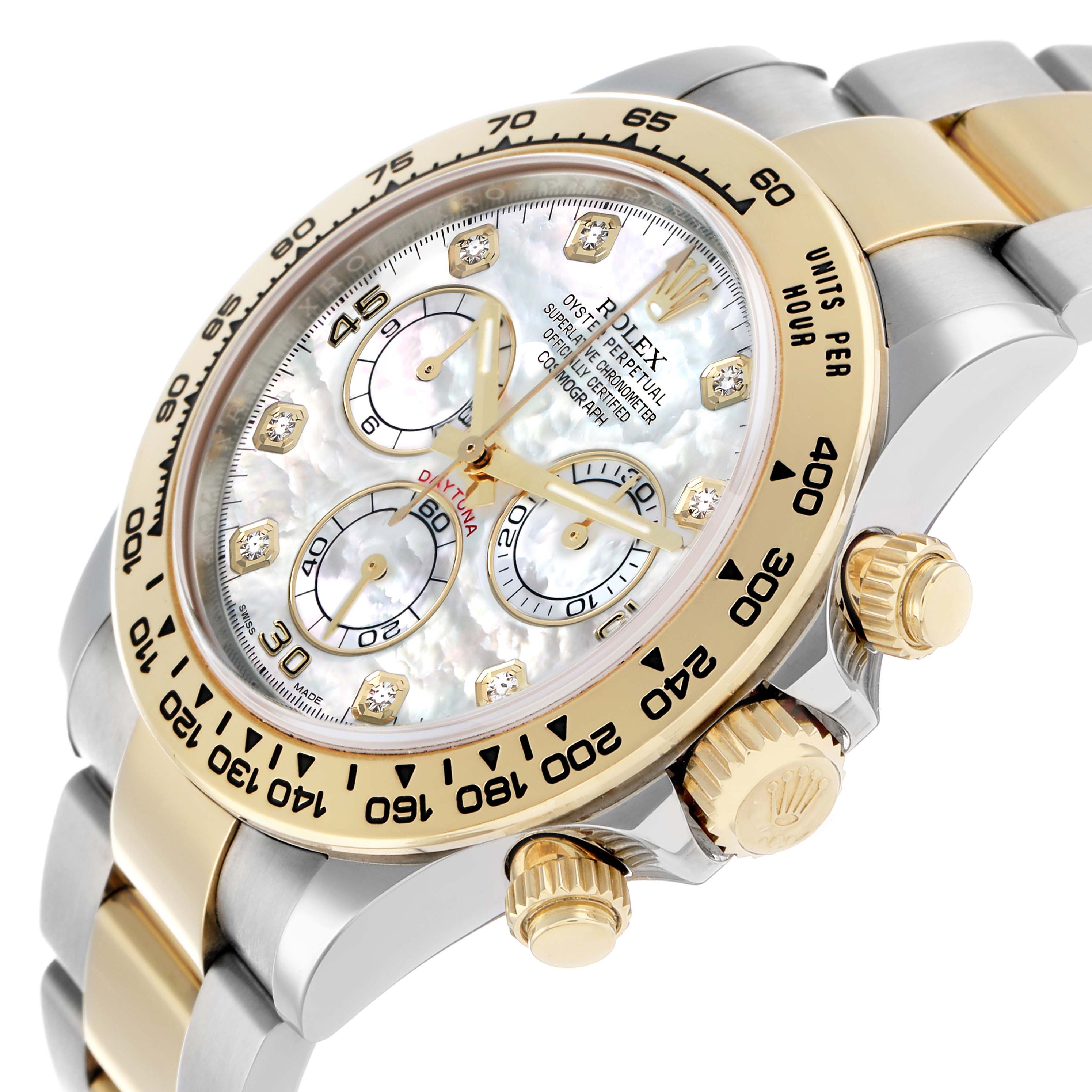 The Rolex Daytona 116503 Men
s Steel and Gold (two tone) Mother of Pearl Dial watch is shown at a three-quarter angle, highlighting its bezel, crown, and bracelet links.