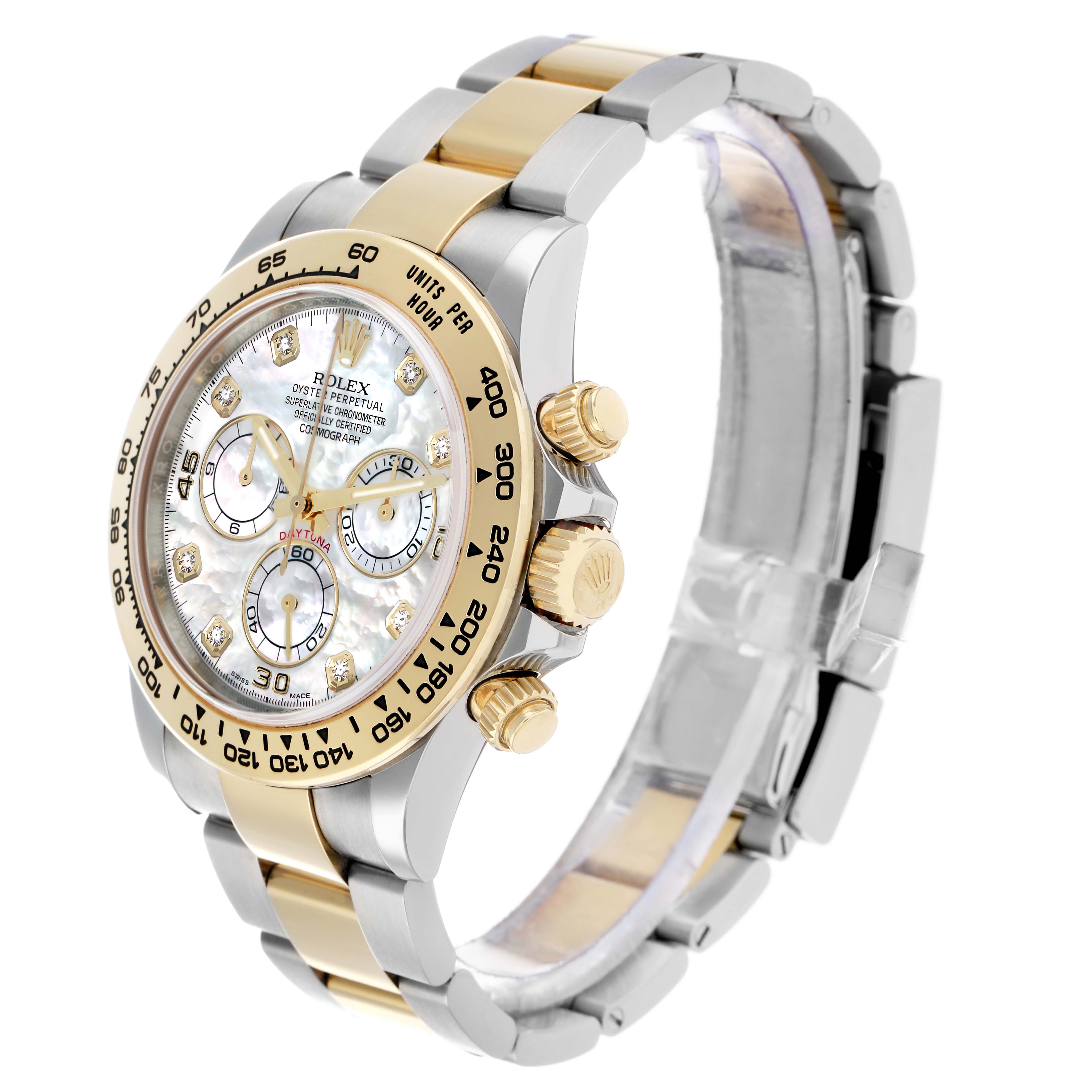 The Rolex Daytona 116503 Men
s Steel and Gold (two tone) Mother of Pearl Dial watch is shown at a three-quarter angle, highlighting the dial, crown, and two-tone bracelet.
