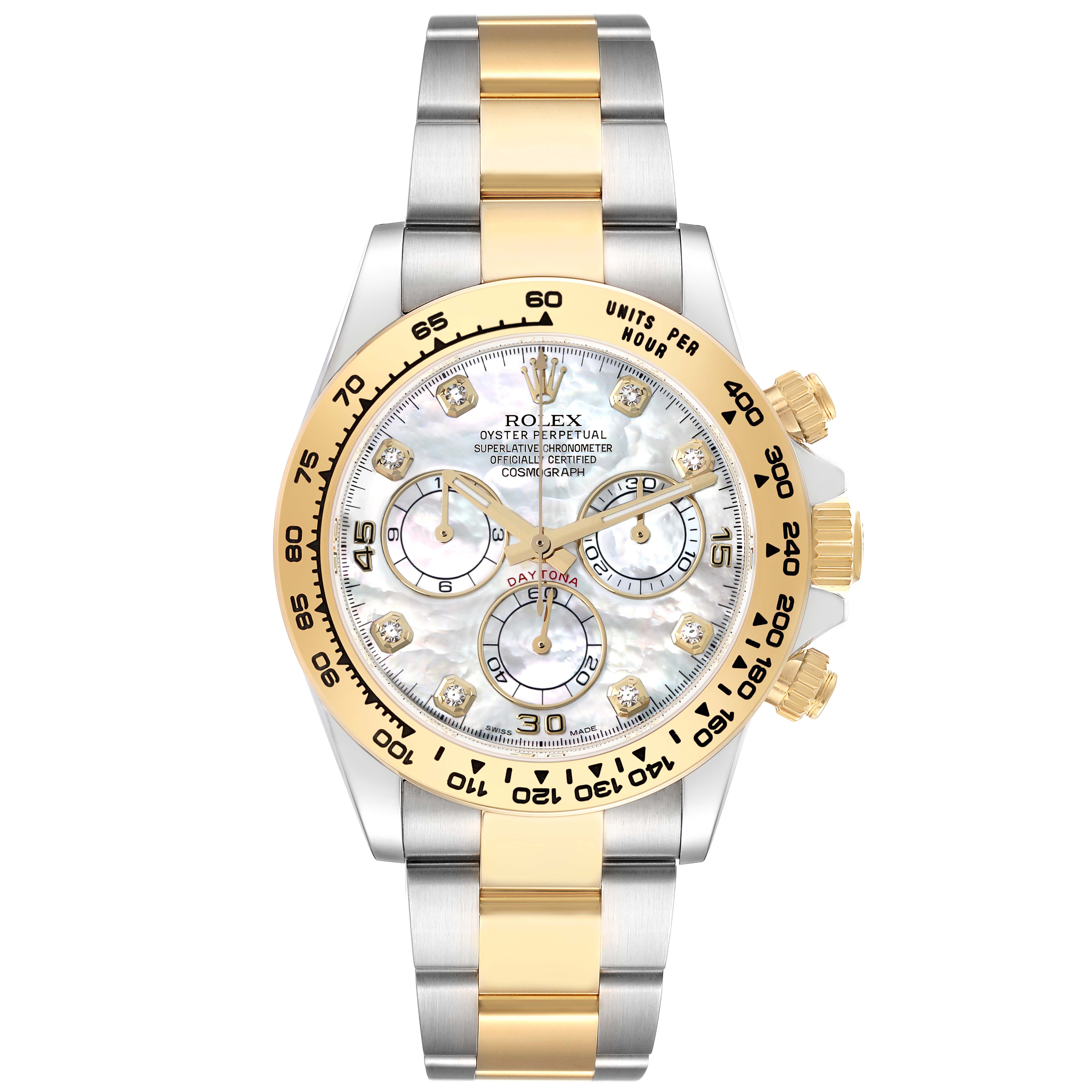 The Rolex Daytona 116503 Men
s Steel and Gold (two tone) Mother of Pearl Dial watch is shown from a front angle, highlighting its dial, bezel, and bracelet.