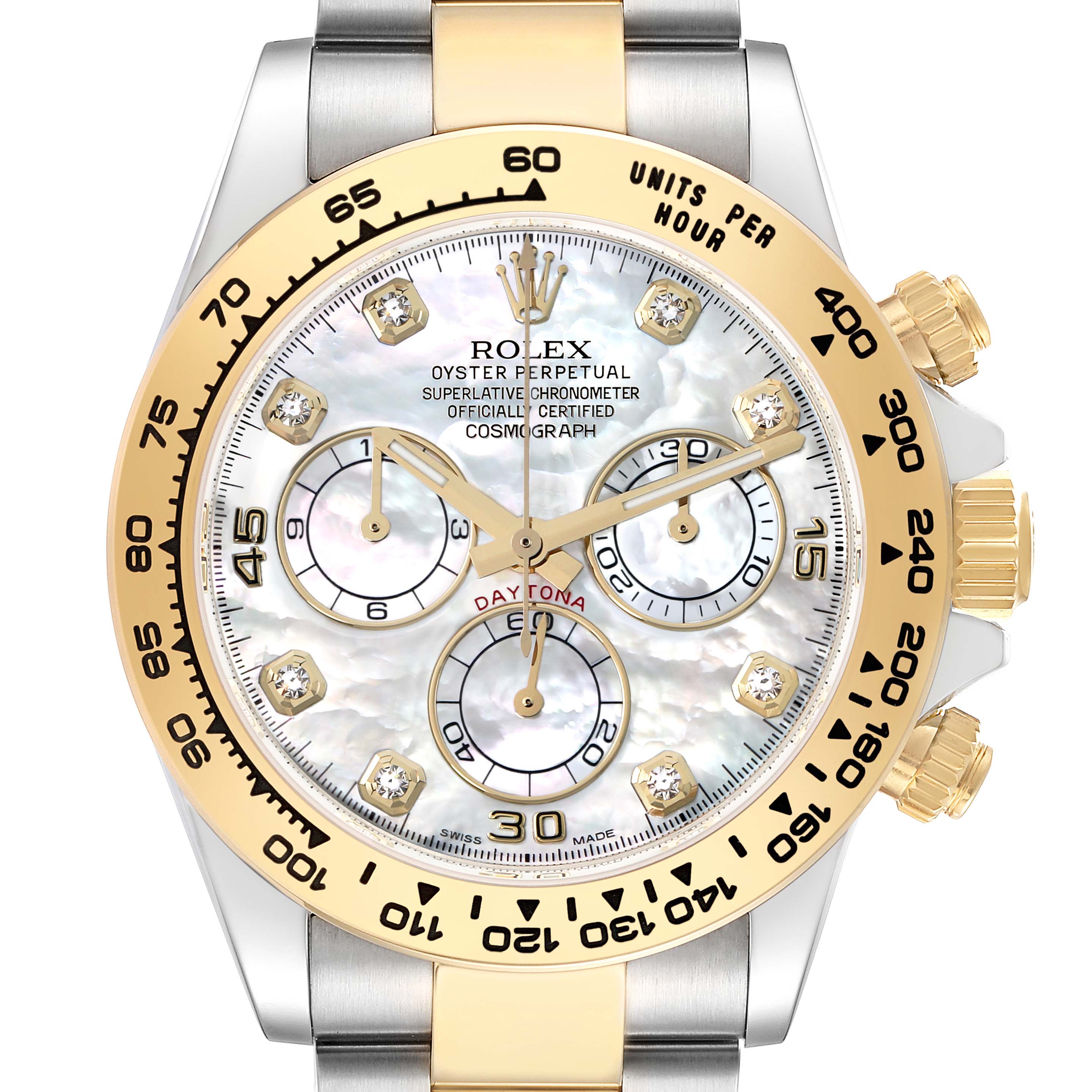 The Rolex Daytona 116503 Men
s Steel and Gold (two tone) Mother of Pearl Dial watch is shown from a front angle, featuring its dial, bezel, sub-dials, and crown details.