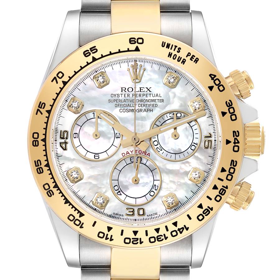 The Rolex Daytona 116503 Men's Steel and Gold (two tone) Mother of Pearl Dial watch is shown from a front angle, featuring its dial, bezel, sub-dials, and crown details.