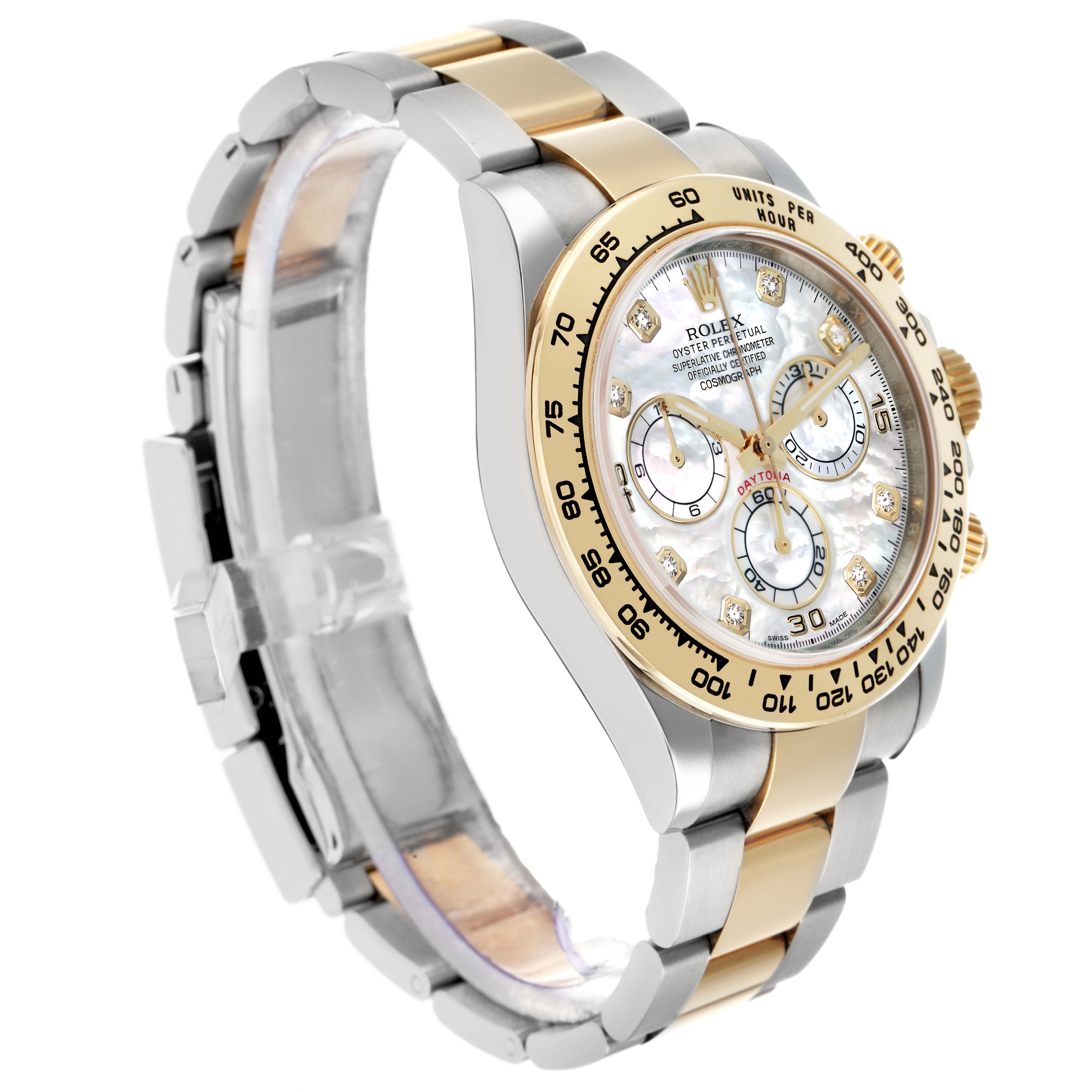 The Rolex Daytona 116503 Men
s Steel and Gold (two tone) Mother of Pearl Dial is shown at an angle highlighting its dial, bezel, crown, and bracelet from a side view.