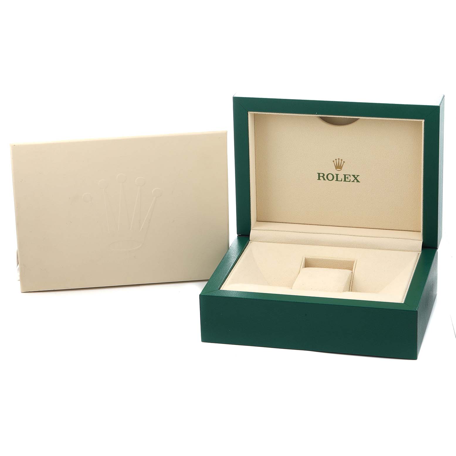 The image shows an open green and beige box for a Rolex Daytona 116503 Men
s Steel and Gold (two tone) Mother of Pearl Dial, revealing the inner lining and space for the watch.