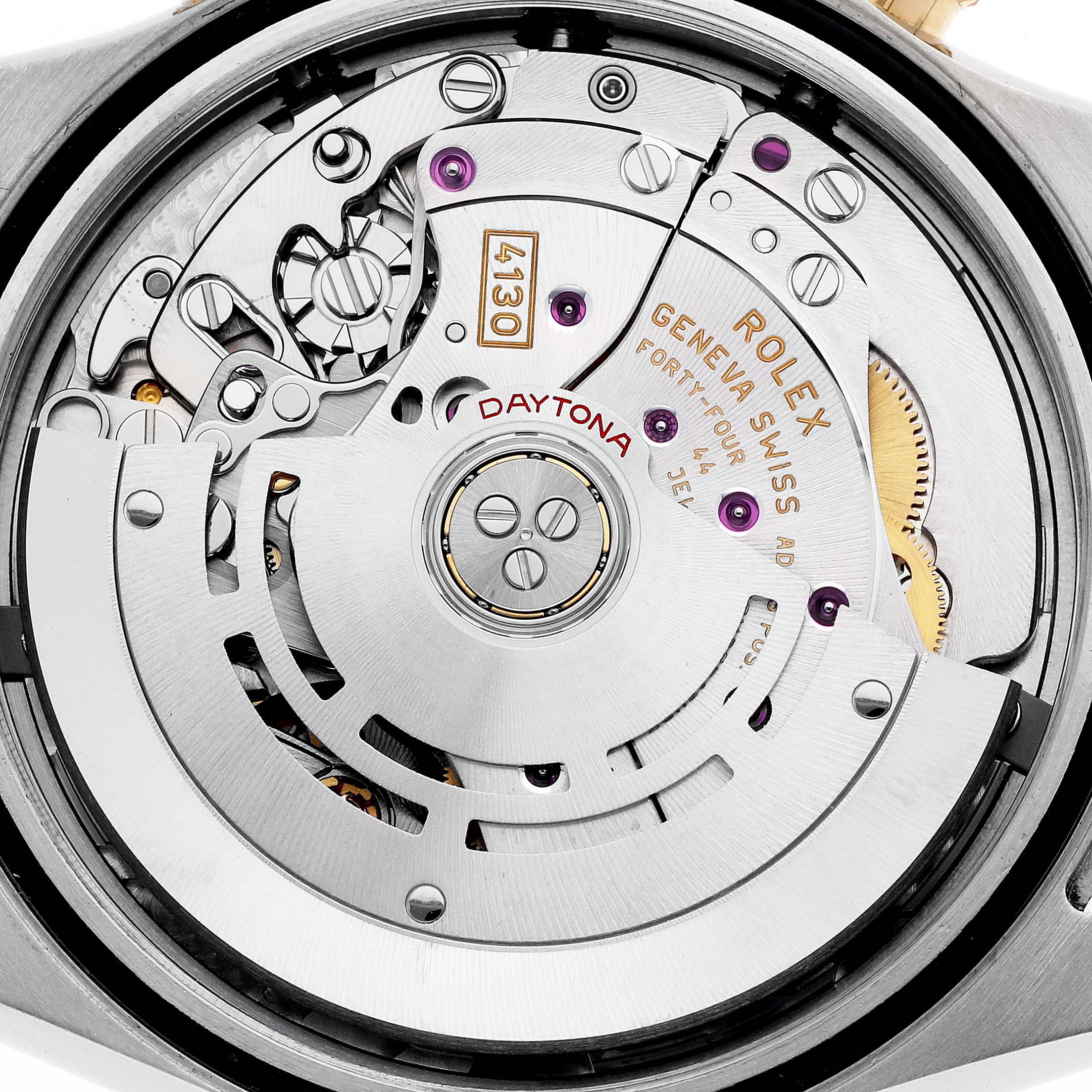 The image shows the movement of a Rolex Daytona 116503 Men
s Steel and Gold (two tone) Mother of Pearl Dial watch viewed from the back, highlighting its intricate mechanical parts.