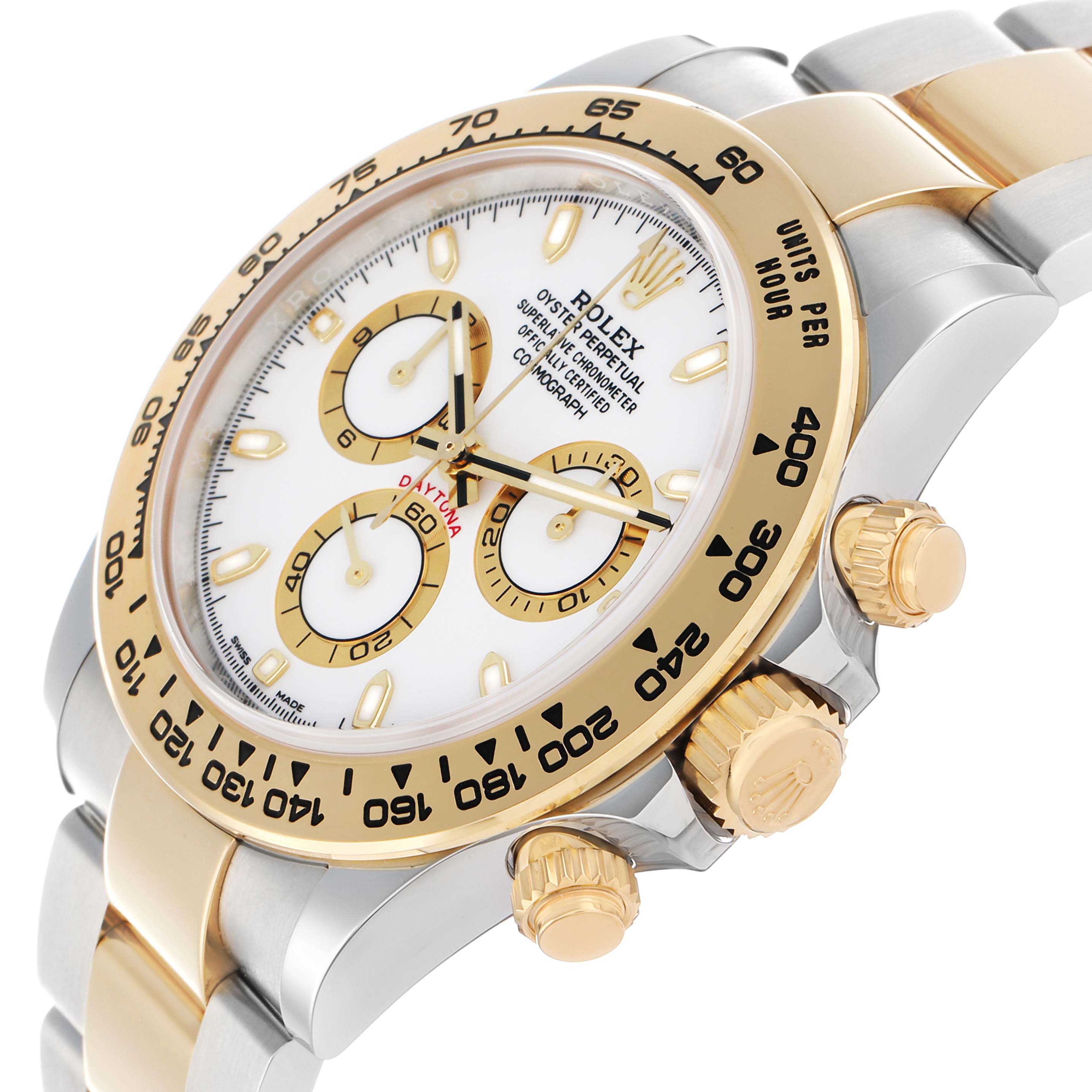 The image shows a close-up angled view of the Rolex Daytona 116503 Men
s Steel and Gold (two tone) White Dial, highlighting the bezel, crown, and sub-dials.