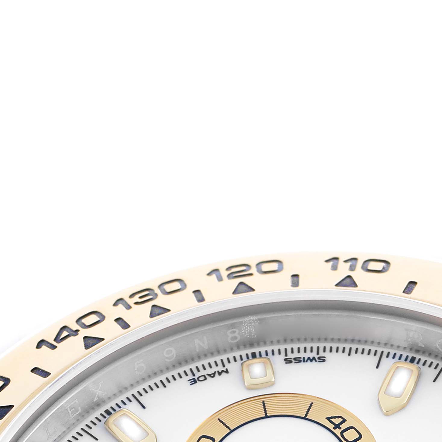 The image shows a partial close-up of the Rolex Daytona 116503 Men
s Steel and Gold (two tone) White Dial
s bezel and inner dial.