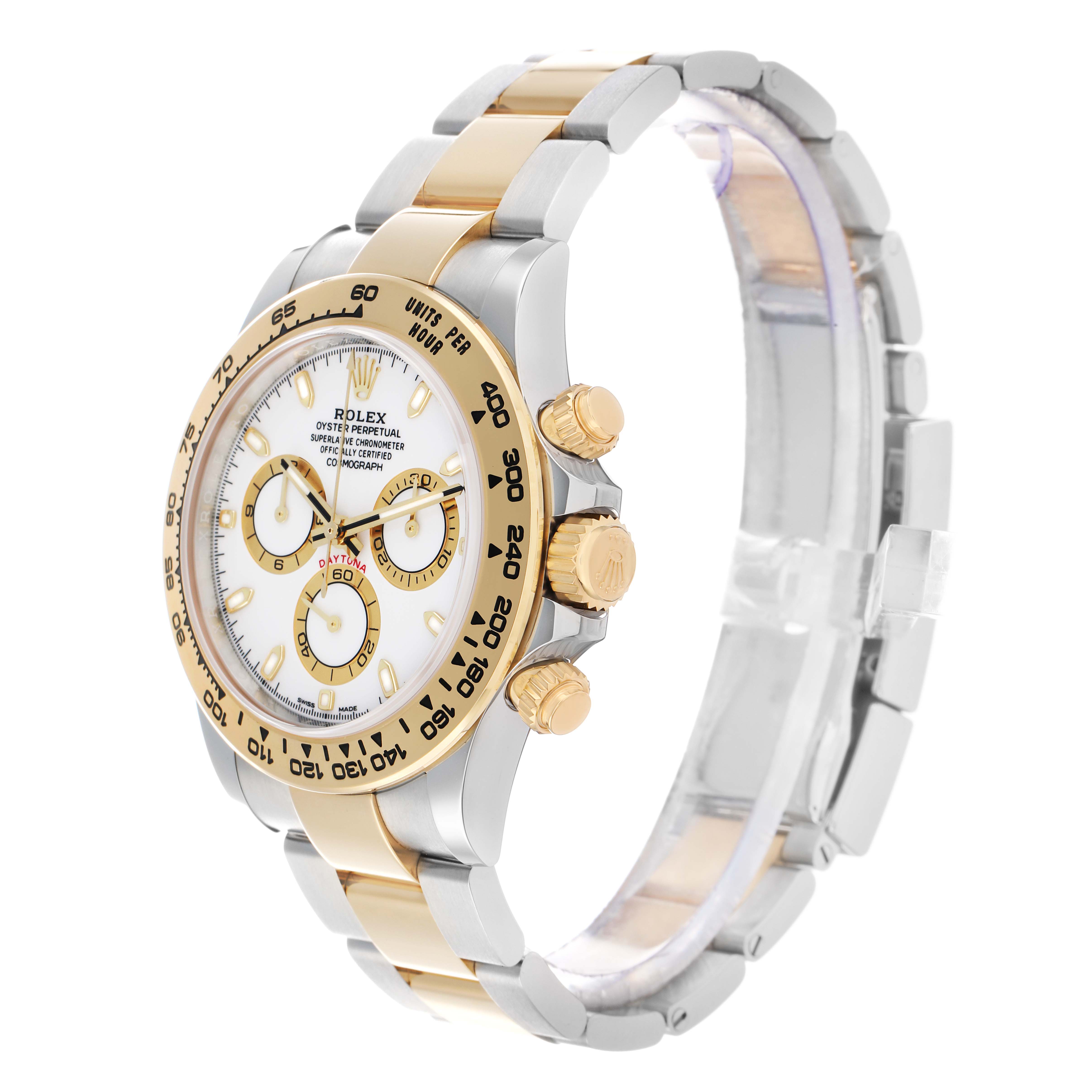 The Rolex Daytona 116503 Men
s Steel and Gold (two tone) White Dial is shown at a slight angle, highlighting the bezel, dial, pushers, and bracelet.