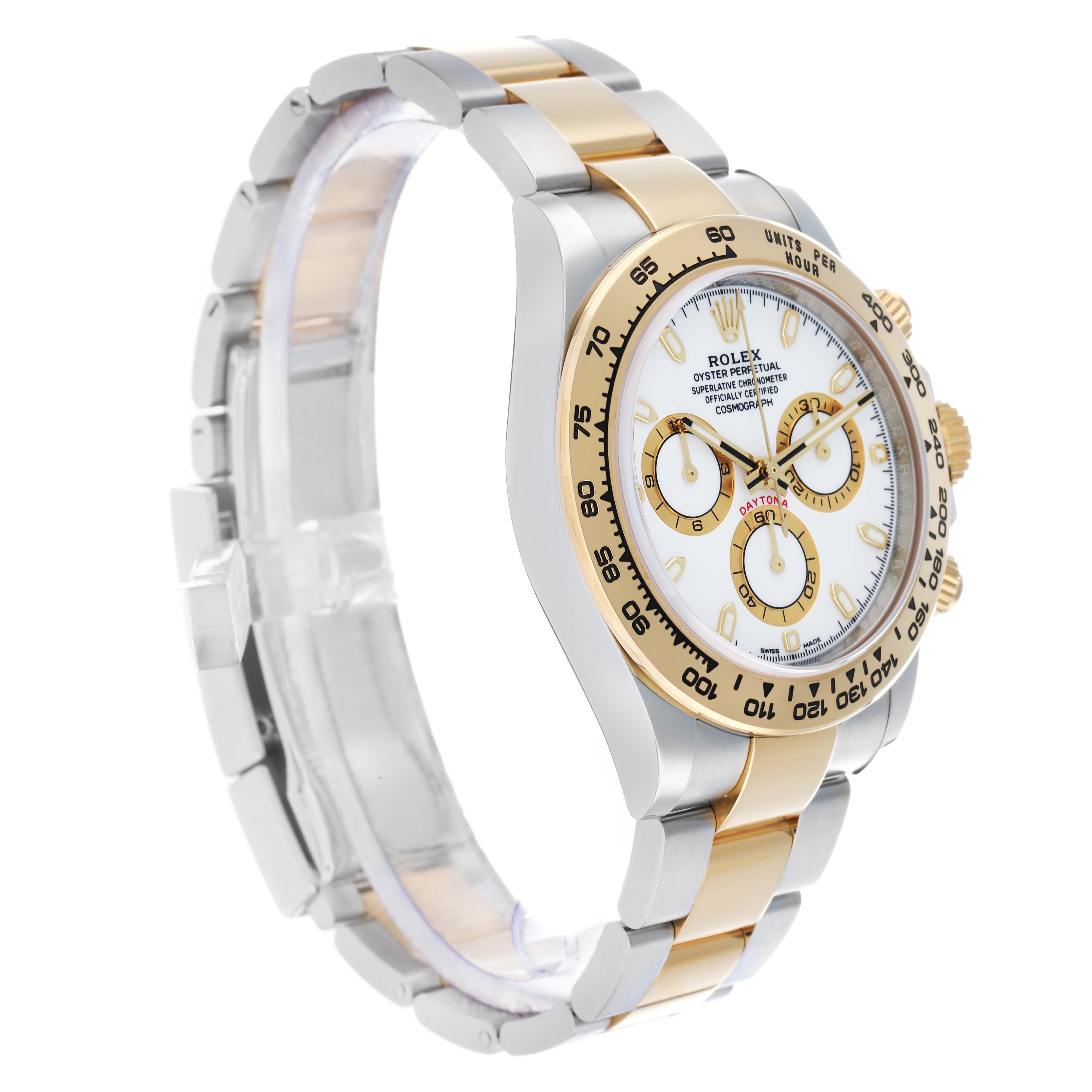 The Rolex Daytona 116503 Men
s Steel and Gold (two tone) White Dial watch is shown at a three-quarter angle, displaying its face, bezel, and bracelet.